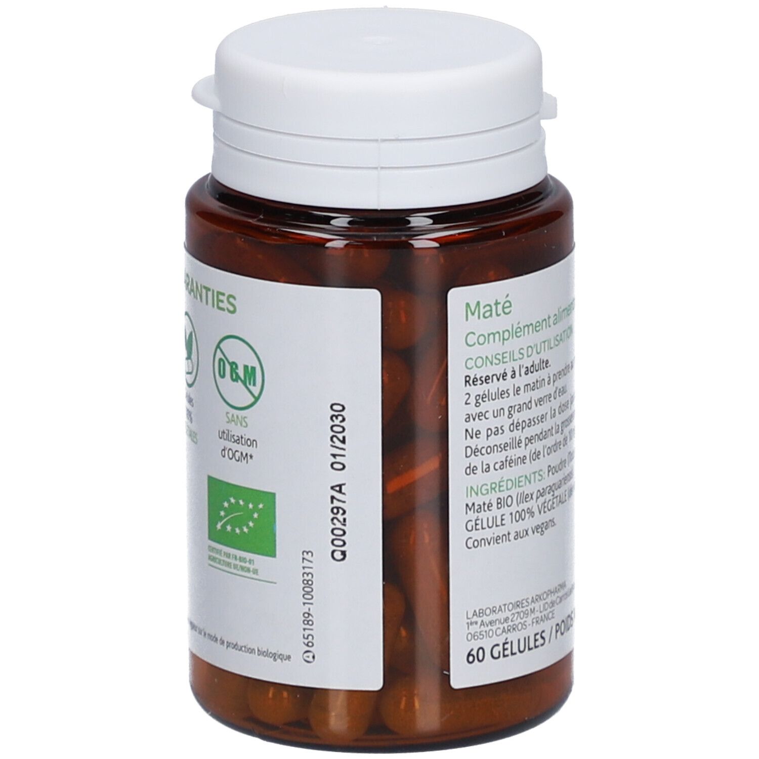 Rückansicht der Flasche. Etikett mit Produktinformationen, Inhaltsstoffen und Haltbarkeitsdatum. 60 Kapseln.