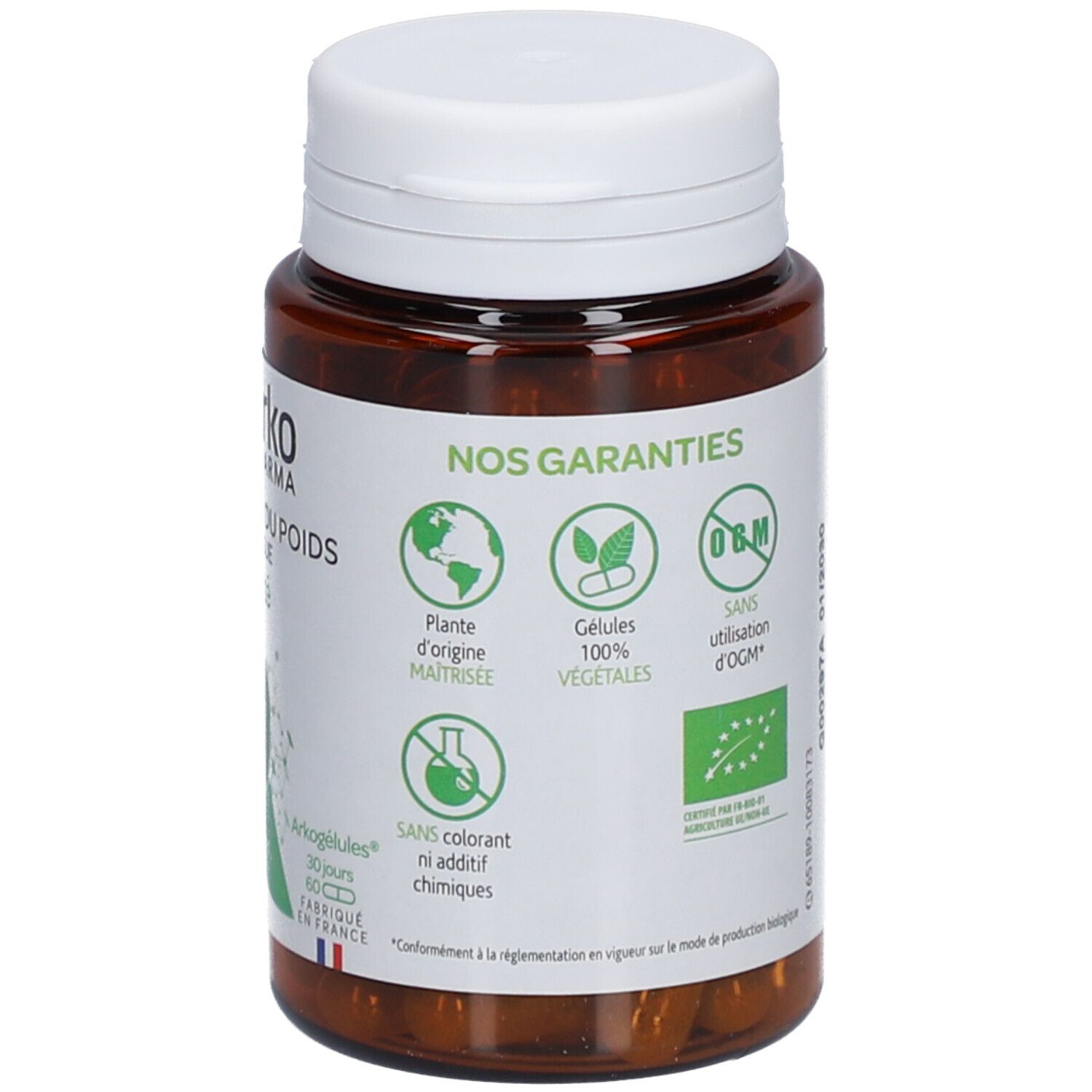 Rückansicht der Flasche. Etikett mit Garantien: Pflanzenursprung, vegetarische Kapseln, ohne GVO, ohne Farbstoffe.