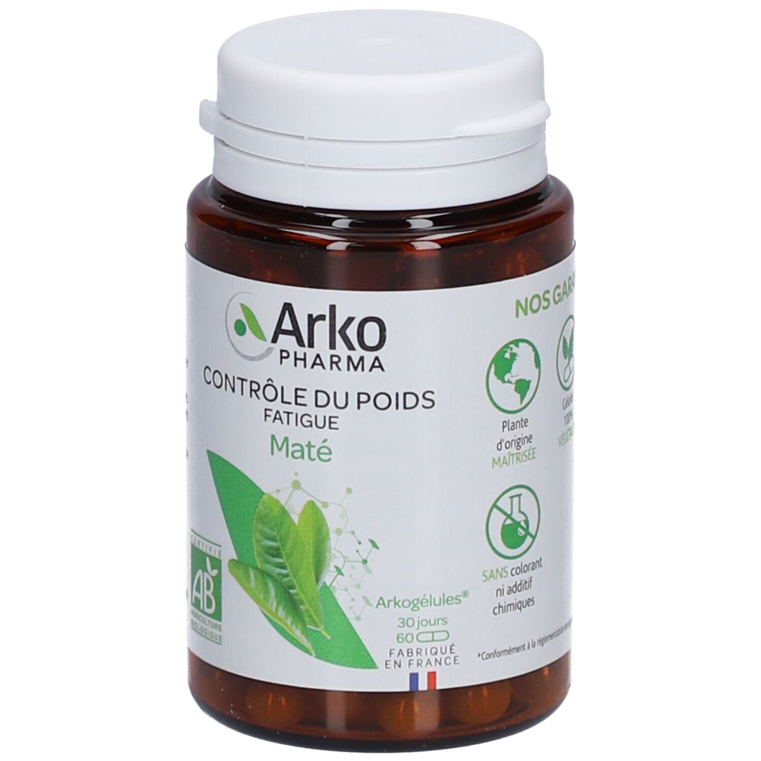 Braune Flasche mit weißem Deckel. Etikett mit Logo, Produktname und Zertifizierung. 60 Kapseln.