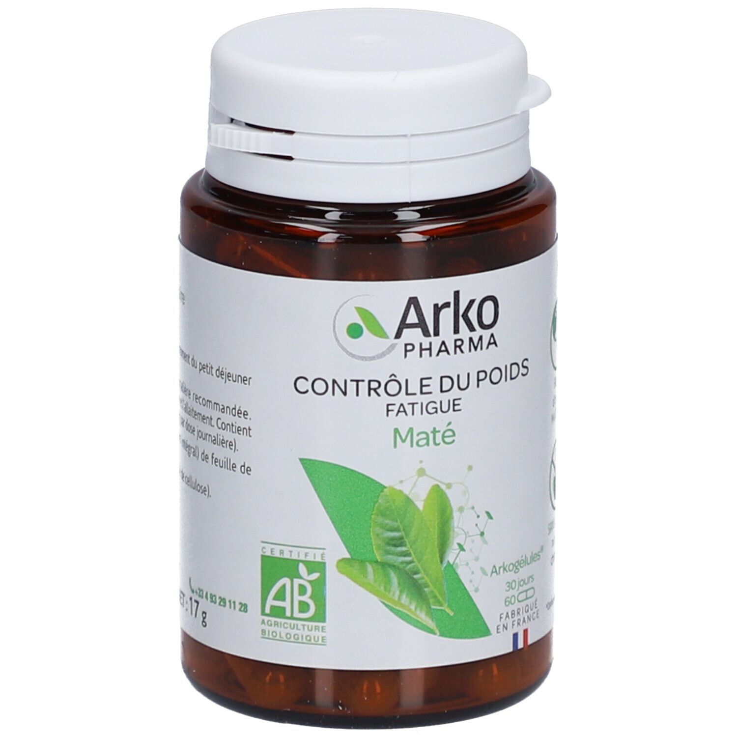 Braune Flasche mit weißem Deckel. Etikett mit Logo, Produktname und Zertifizierung. 60 Kapseln.