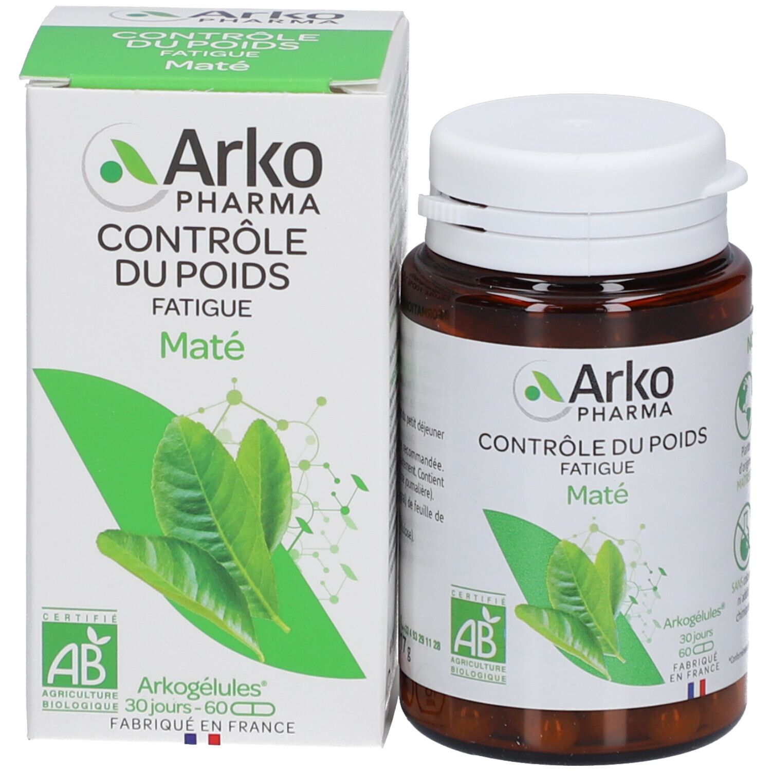 Produktflasche und Schachtel. Flasche mit weißem Deckel, Etikett. Schachtel mit Logo und Produktinformationen.