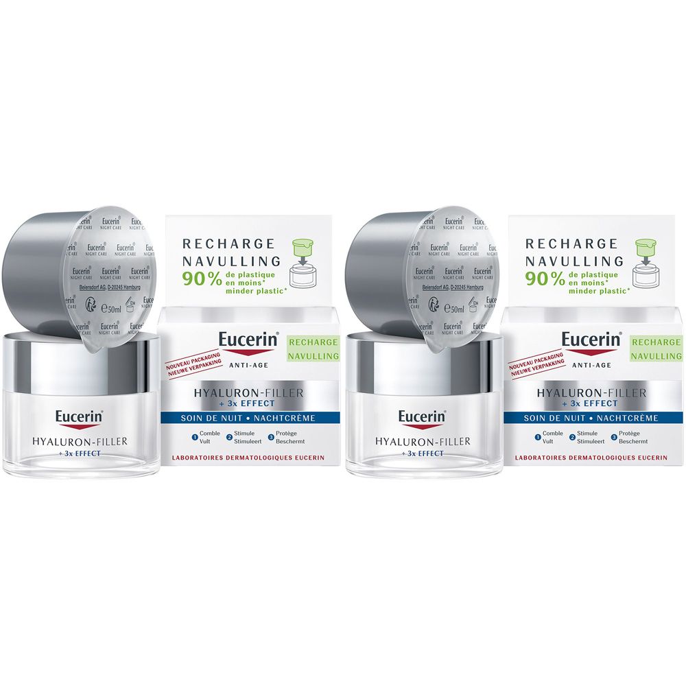 Mehrere Tiegel Eucerin HYALURON-FILLER + 3x EFFECT Nachtcreme. Verpackung mit Deckel und Nachfüllpackung. Text: RECHARGE NAVULLING.