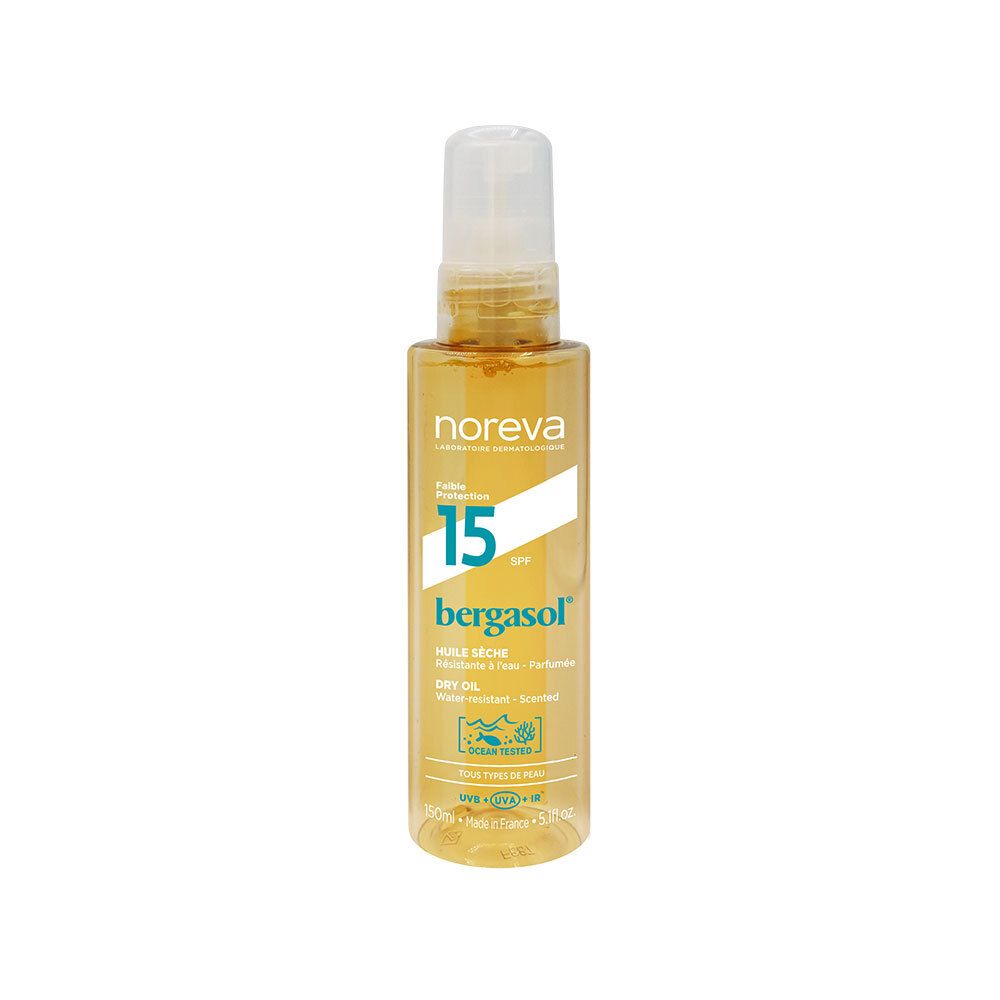 Gelbe Flasche mit Sprühkopf. Aufschrift: Noreva, SPF 15, bergasol. Trockenöl. Wasserfest. Mit Zertifizierungen.