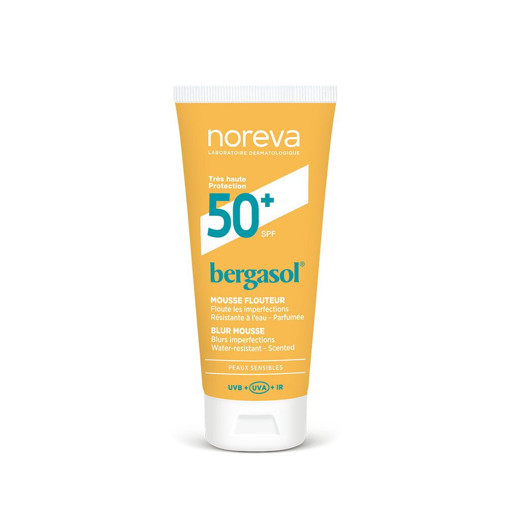 Gelbe Tube mit weißem Deckel. Aufschrift: NOREVA, SPF 50+, bergasol, Mousse Flouteur. Für empfindliche Haut.
