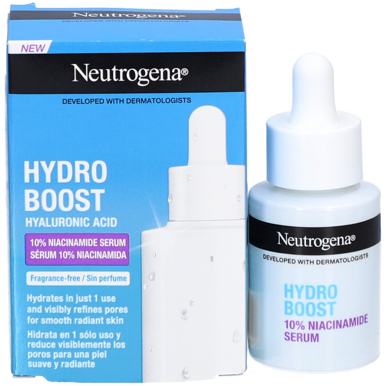 Sérum Neutrogena Hydro Boost, emballage. Emballage bleu avec logo et texte.