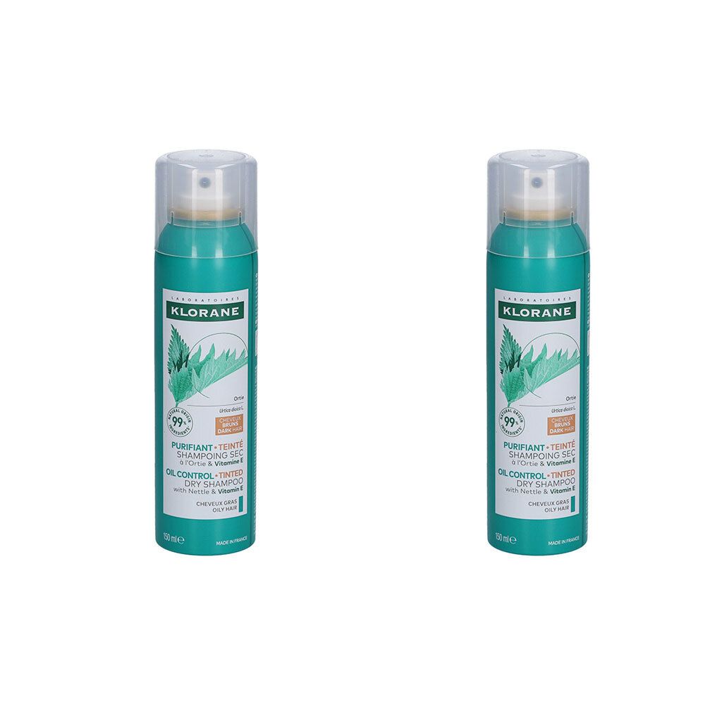 Deux flacons spray verts avec bouchon blanc. Inscription : Klorane, ortie, shampooing sec, vitamine E. Impression : 99%.
