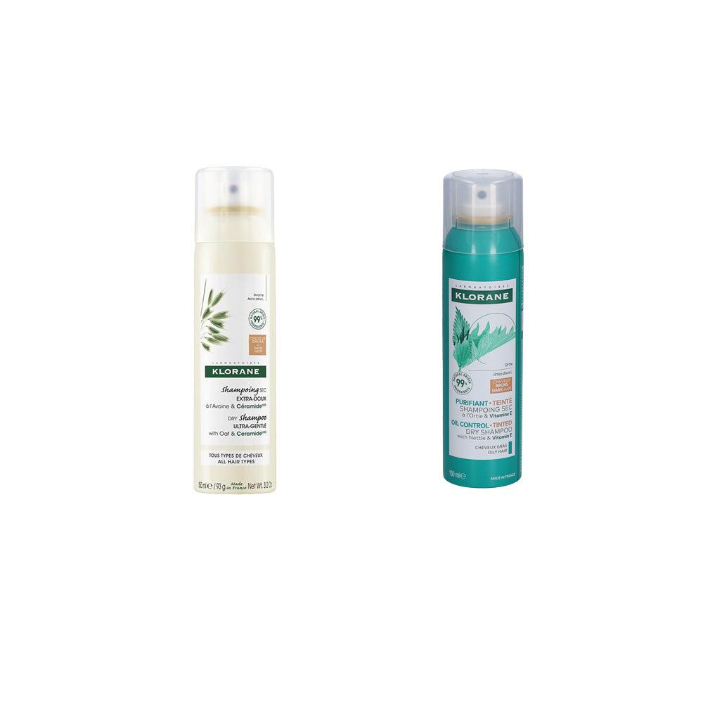 Deux flacons de shampooing sec. À gauche : clair, motif végétal. À droite : vert, motif végétal. Les deux avec le logo Klorane.