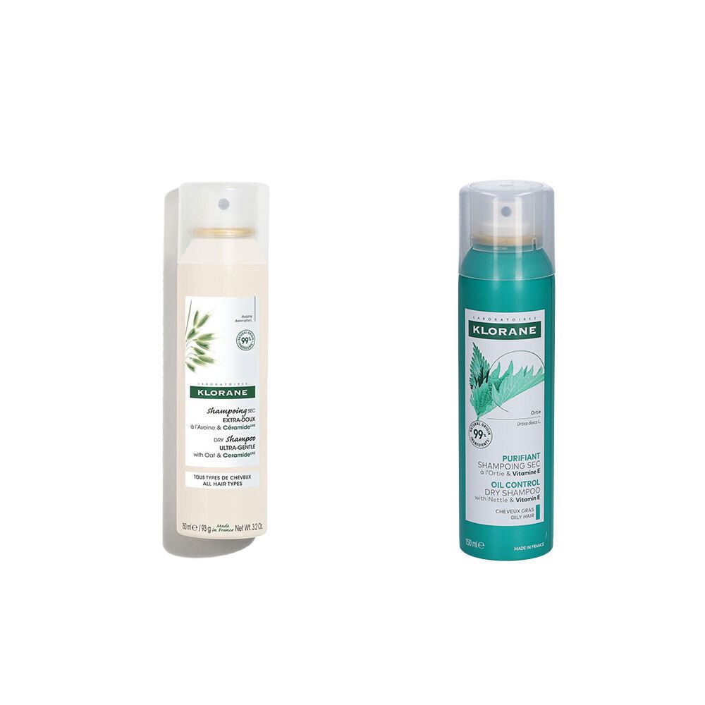 Zwei Sprays. Links: Klorane Trockenshampoo mit Bio-Brennnessel. Rechts: Klorane Shampoo mit Hafer und Ceramiden. Beide mit Sprühkopf.