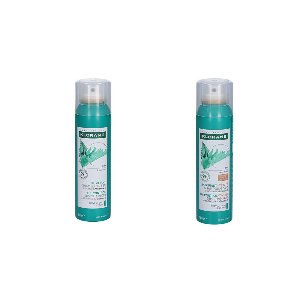 Zwei Sprühflaschen Klorane Trockenshampoo. Türkisgrüne Flaschen mit weißem Deckel. Aufschrift Klorane und Produktinformationen.