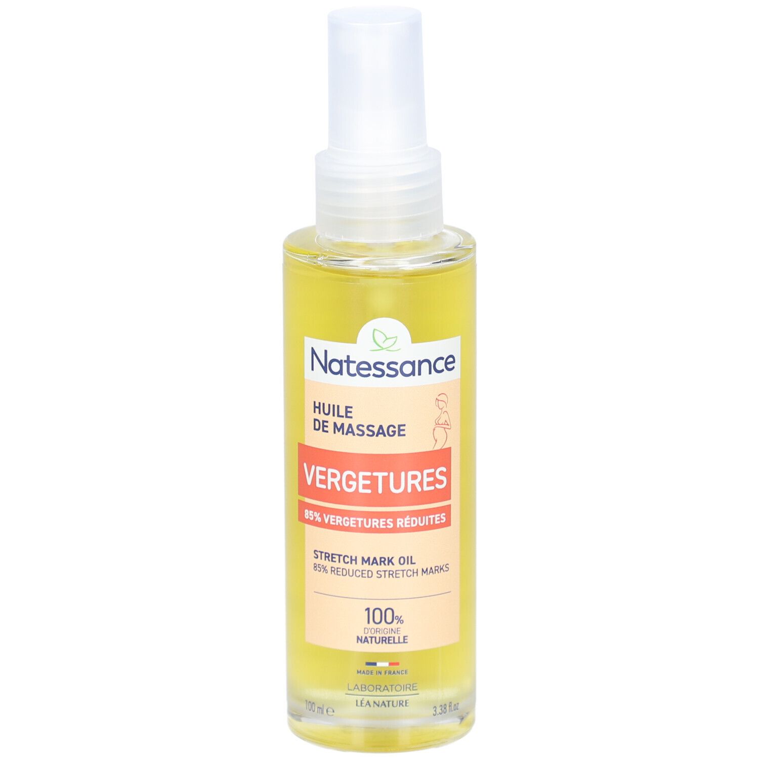 Flüssiges Produkt in einer Sprühflasche. Etikett mit Text: Huile de Massage Vergetures, 85% vergetures réduites.