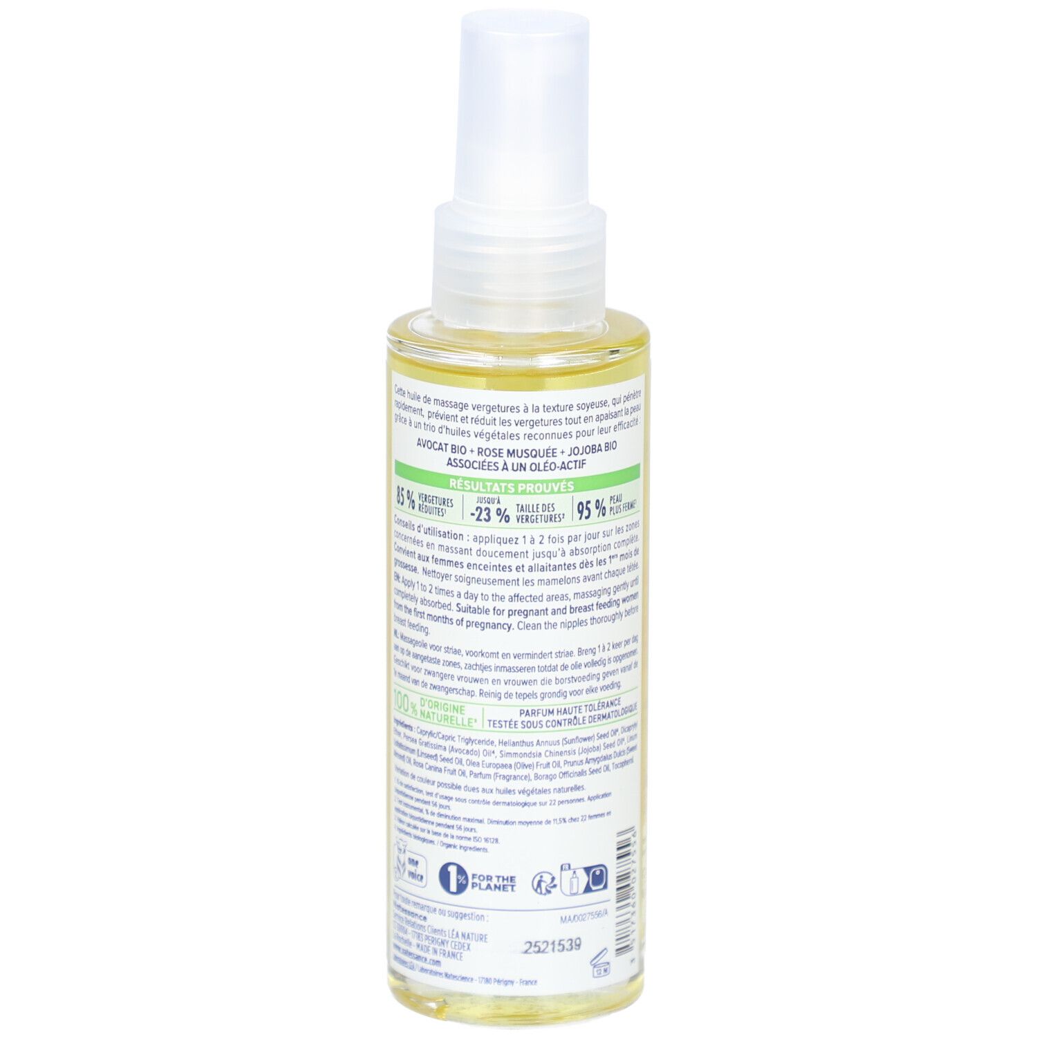 Rückansicht einer Sprühflasche mit flüssigem Produkt. Etikett mit Text und Informationen.