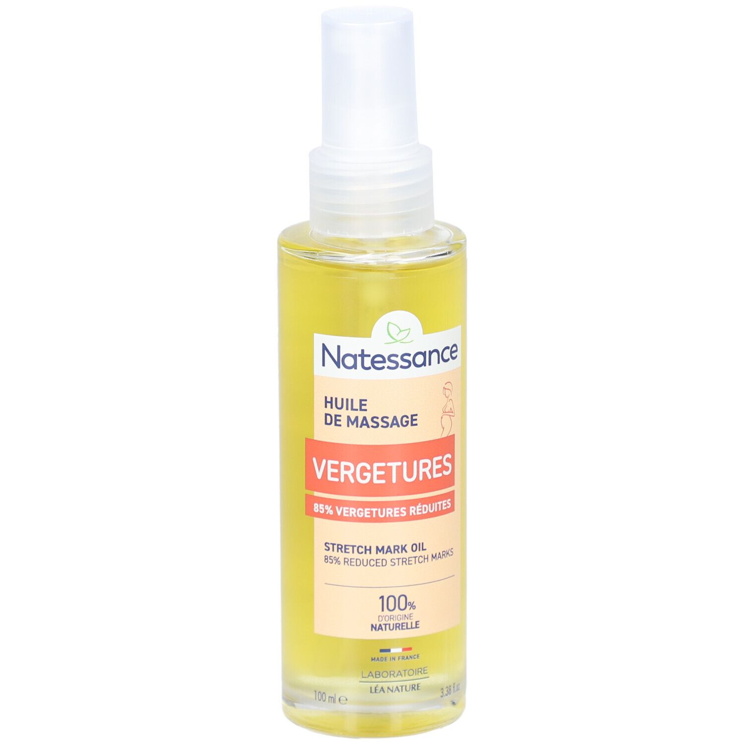 Flüssiges Produkt in einer Sprühflasche. Etikett mit Text: Huile de Massage Vergetures, 85% vergetures réduites.