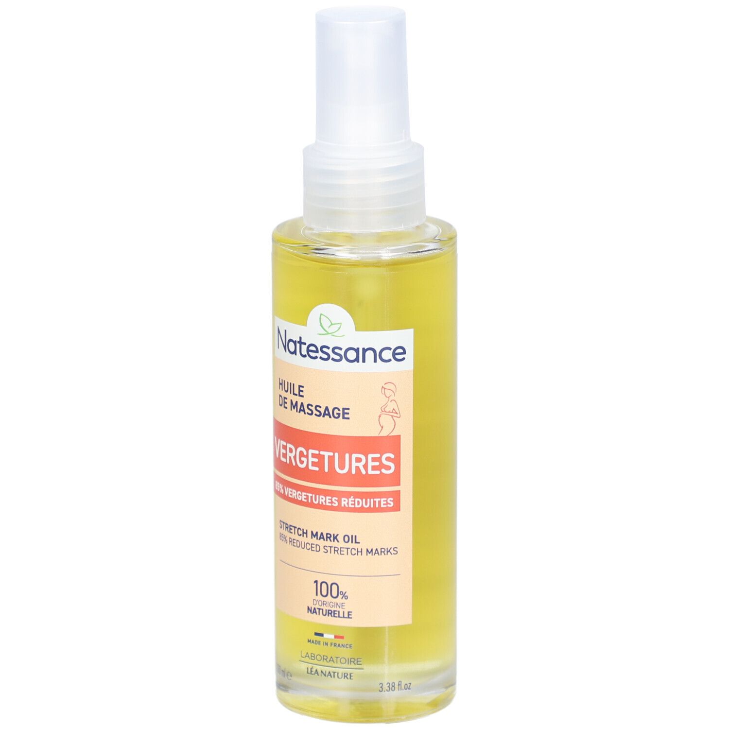 Flüssiges Produkt in einer Sprühflasche. Etikett mit Text: Huile de Massage Vergetures, 85% vergetures réduites.