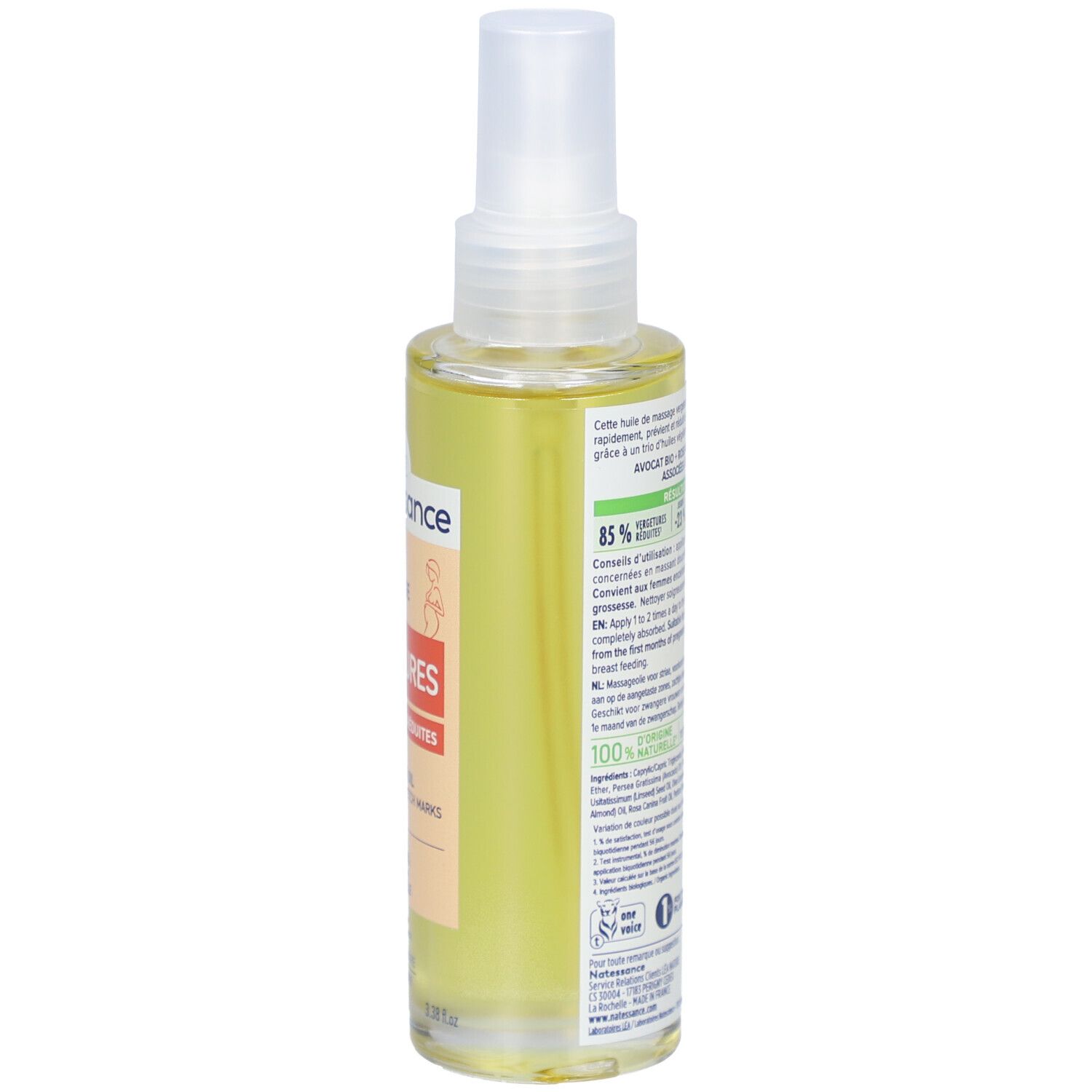 Rückansicht einer Sprühflasche mit flüssigem Produkt. Etikett mit Text und Informationen.