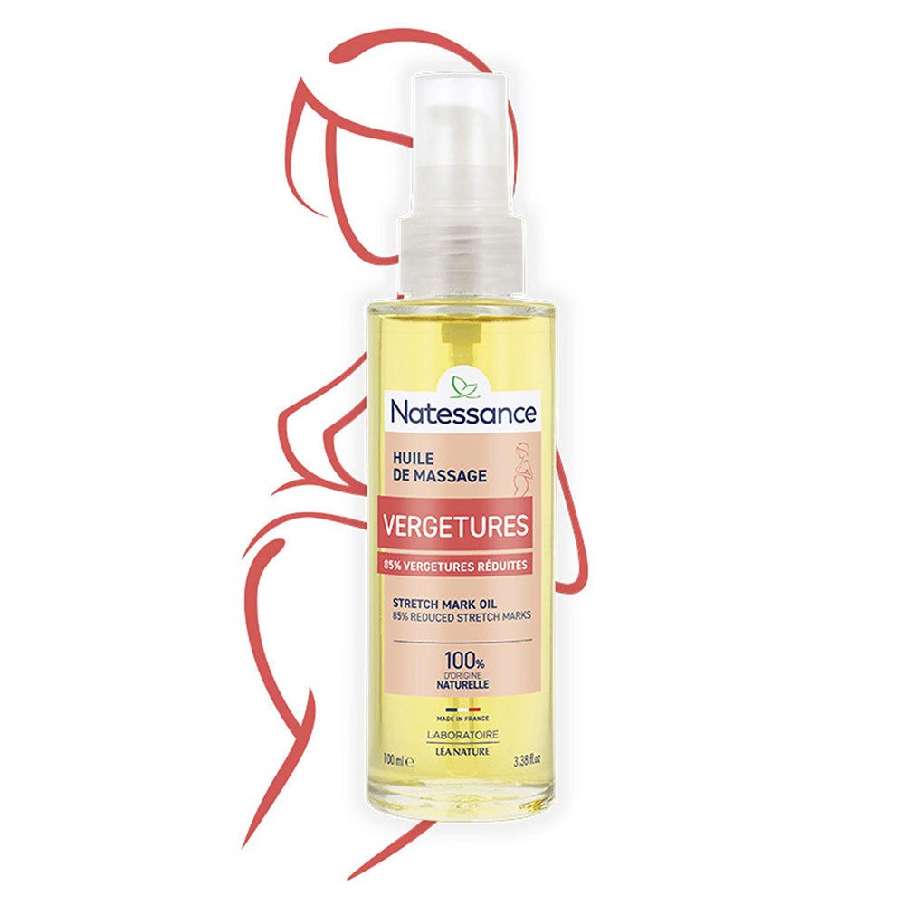 Flacon spray de liquide jaunâtre. Silhouette rouge d'une femme. Inscriptions: NATESSANCE, Huile de Massage, Vergetures.