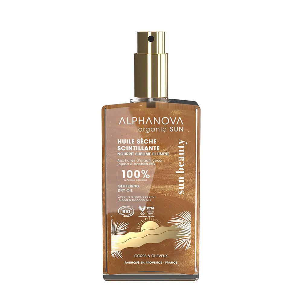ALPHANOVA Organic Sun Huile Sèche Scintillante. Braunes Öl in rechteckiger Glasflasche mit goldenem Sprühkopf. Text auf Französisch.
