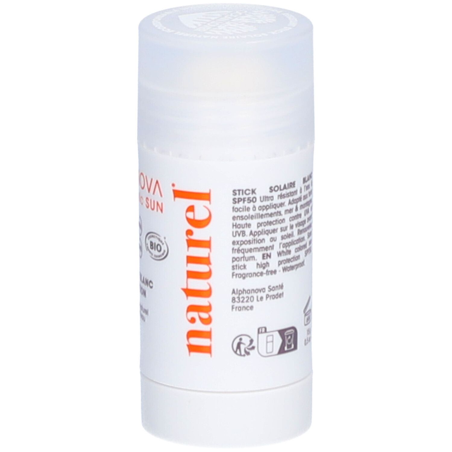 Stick solaire blanc avec bouchon. Inscription: ALPHANOVA, SPF50, certification BIO, naturel, adresse.