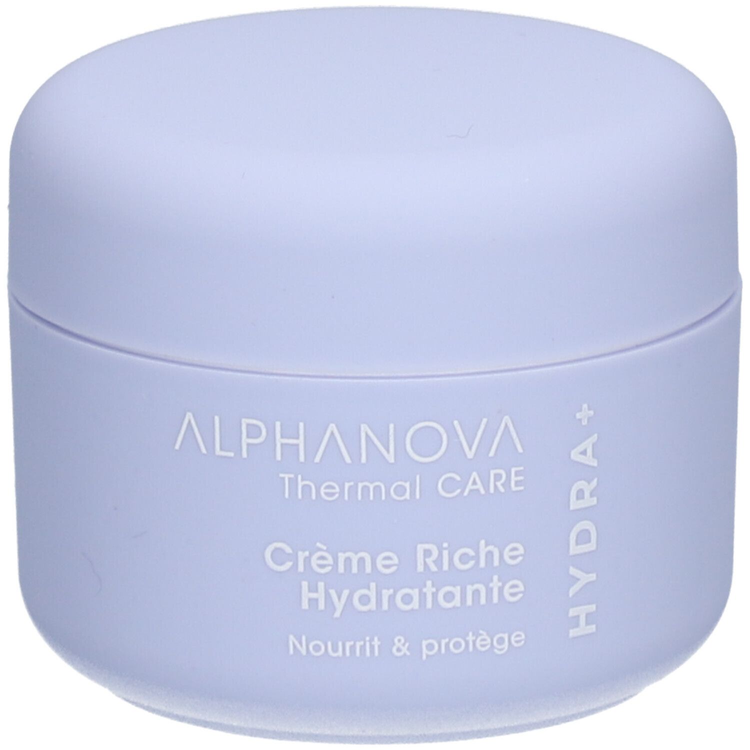 Helllila Tiegel mit Deckel. Aufschrift: ALPHANOVA Thermal CARE Crème Riche Hydratante. Hydra+ Logo.