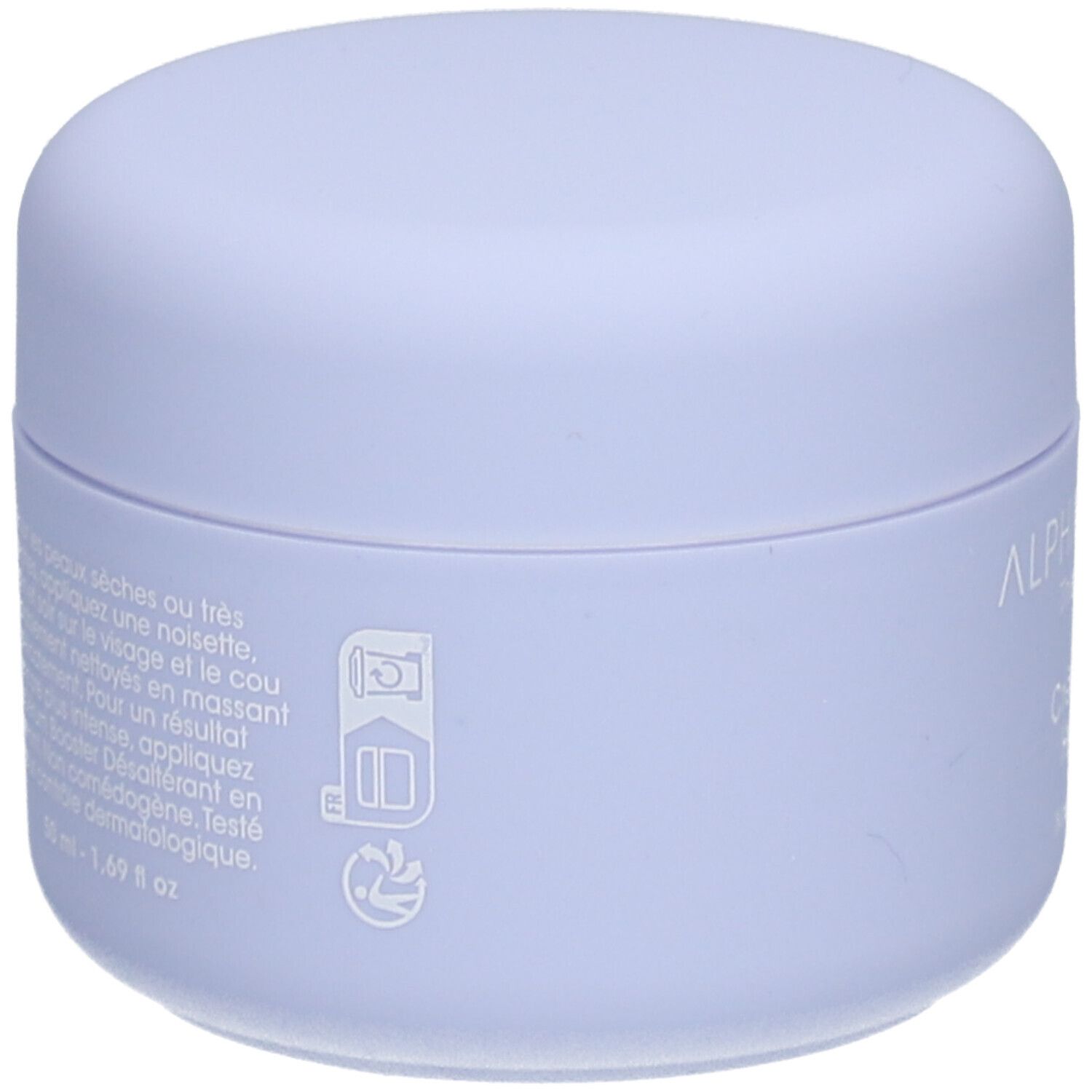 Helllila Tiegel mit Deckel. Aufschrift und Piktogramme. Text: 50 ml - 1.69 fl. oz.