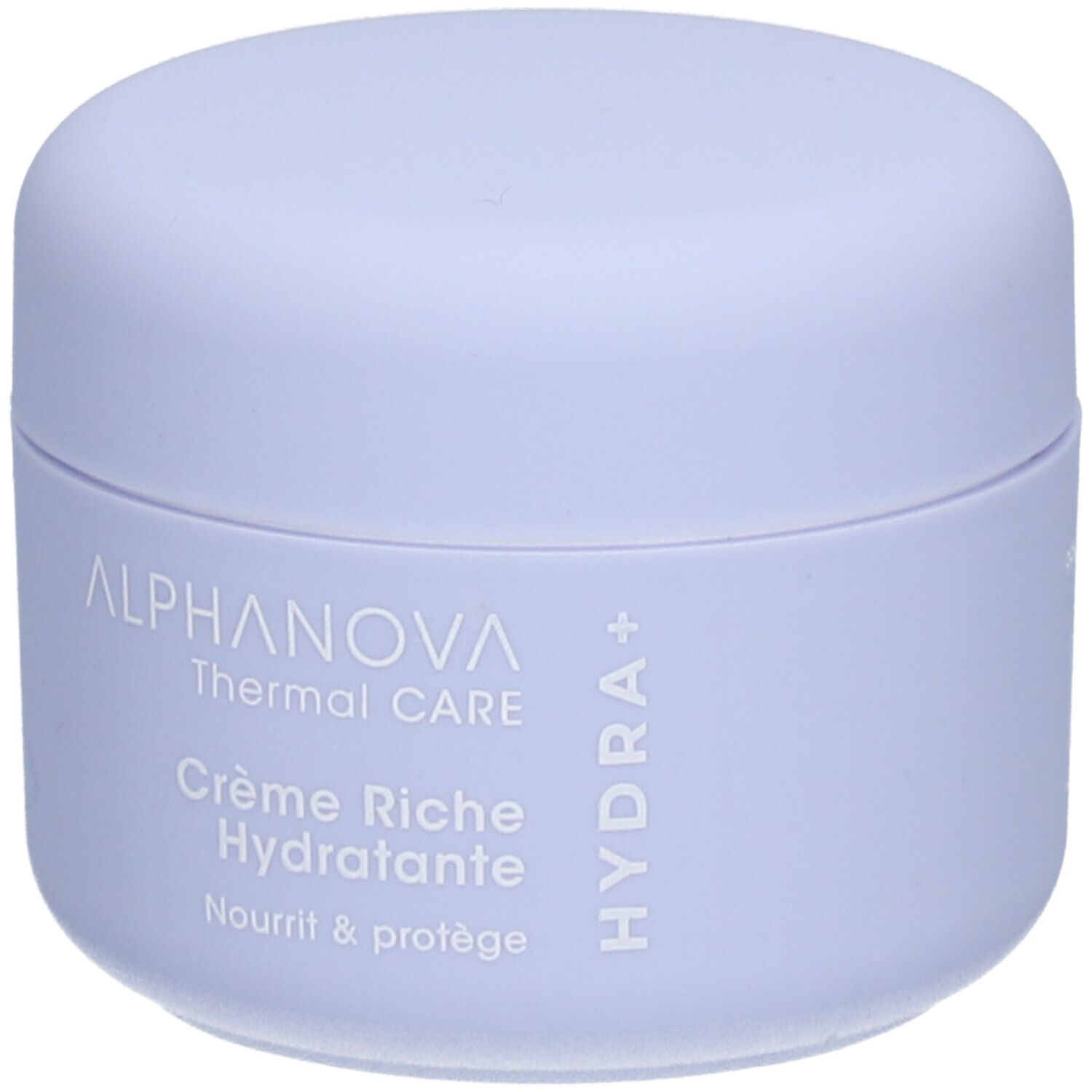 Helllila Tiegel mit Deckel. Aufschrift: ALPHANOVA Thermal CARE Crème Riche Hydratante. Hydra+ Logo.
