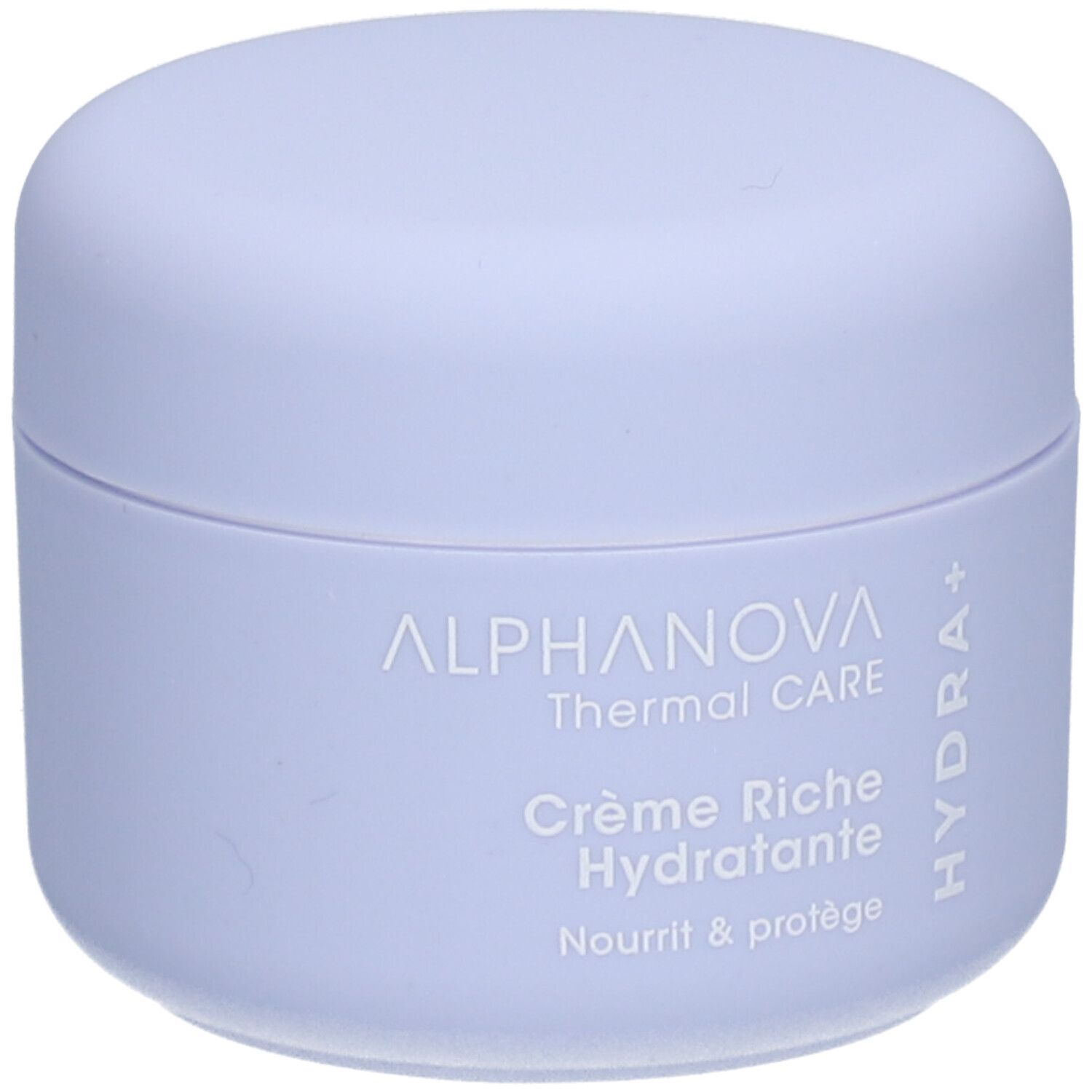 Helllila Tiegel mit Deckel. Aufschrift: ALPHANOVA Thermal CARE Crème Riche Hydratante. Hydra+ Logo.