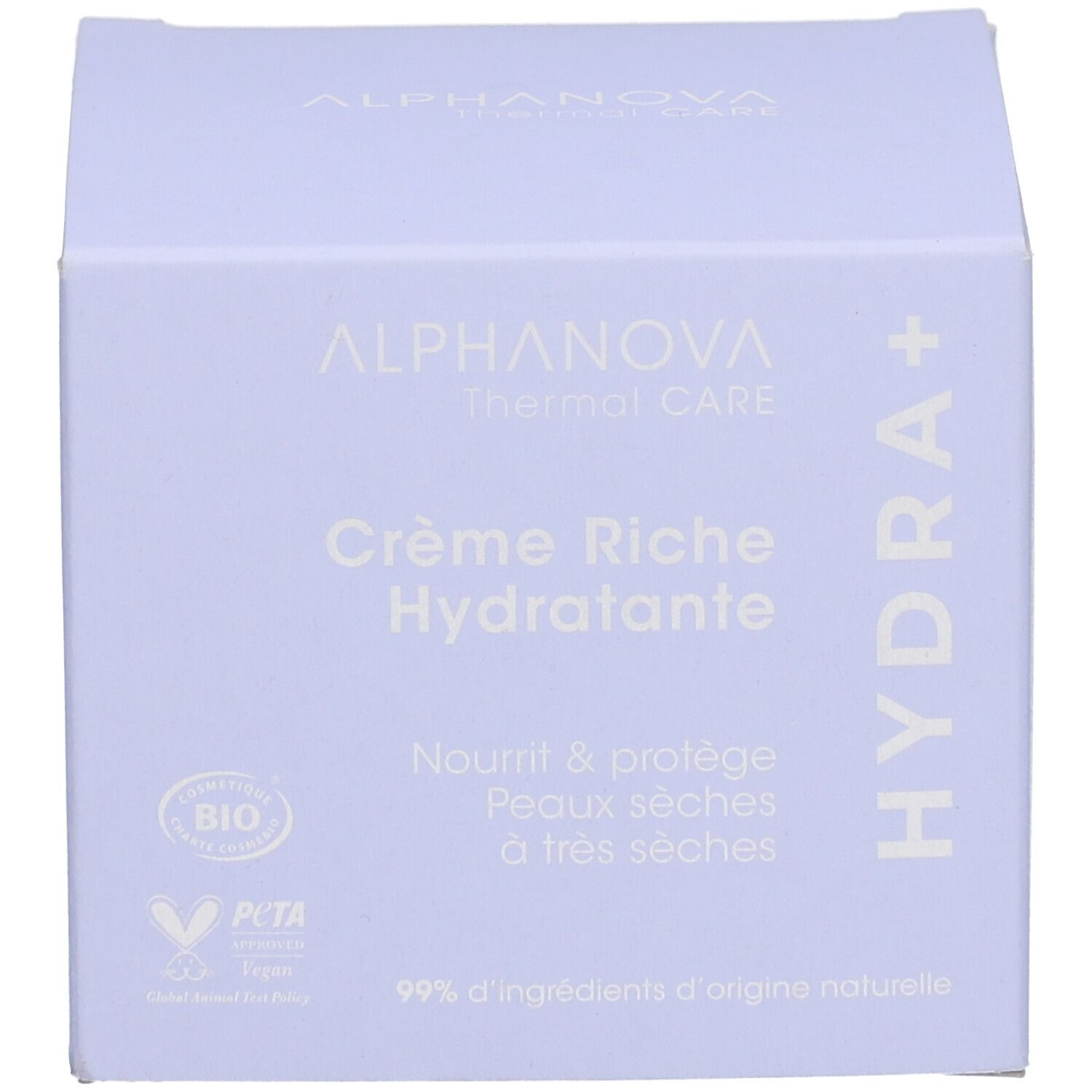Helllila Schachtel. Aufschrift: ALPHANOVA Thermal CARE Crème Riche Hydratante. Bio-Siegel, Vegan-Siegel.