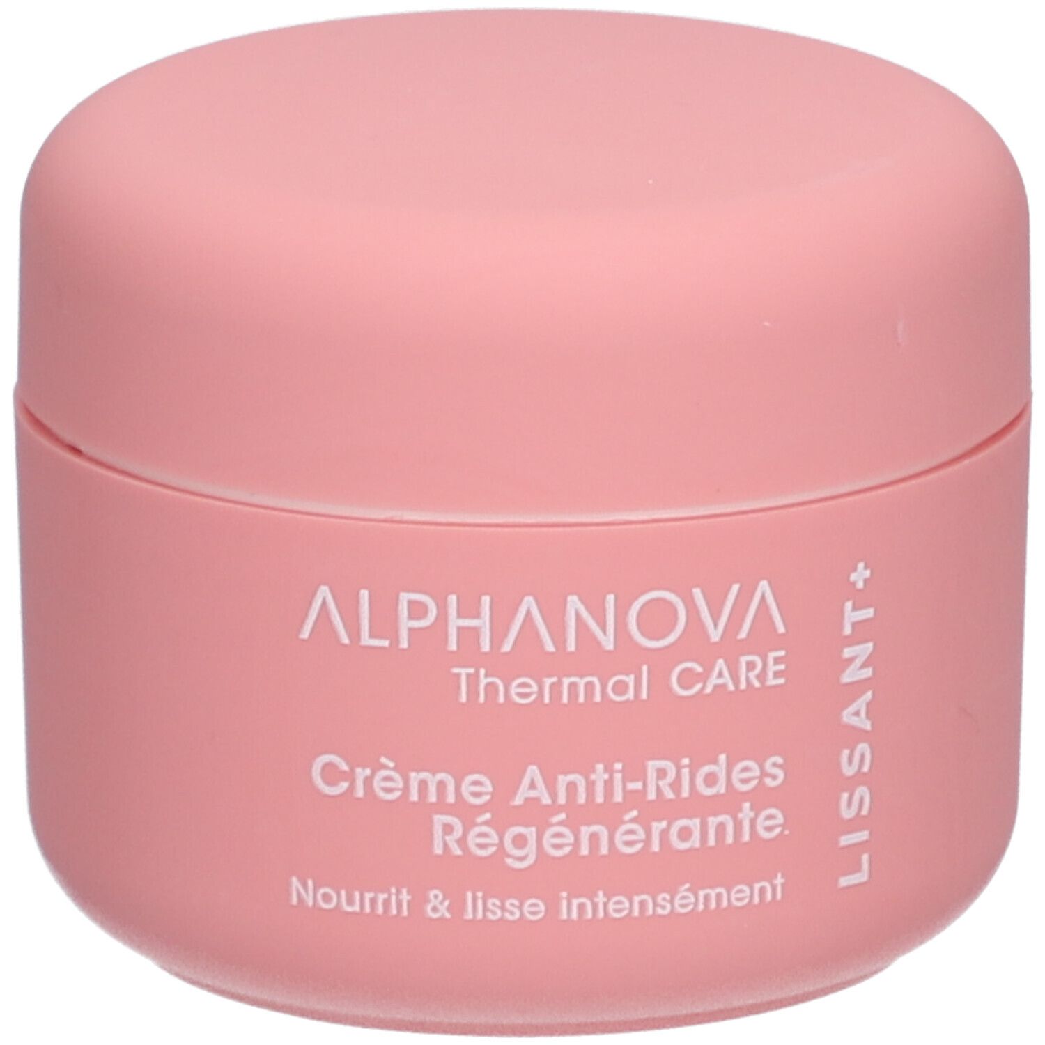 Rosa Tiegel mit Deckel. Aufschrift: ALPHANOVA Thermal CARE Crème Anti-Rides Régénérante. Text: Nourrit & lisse intensément.