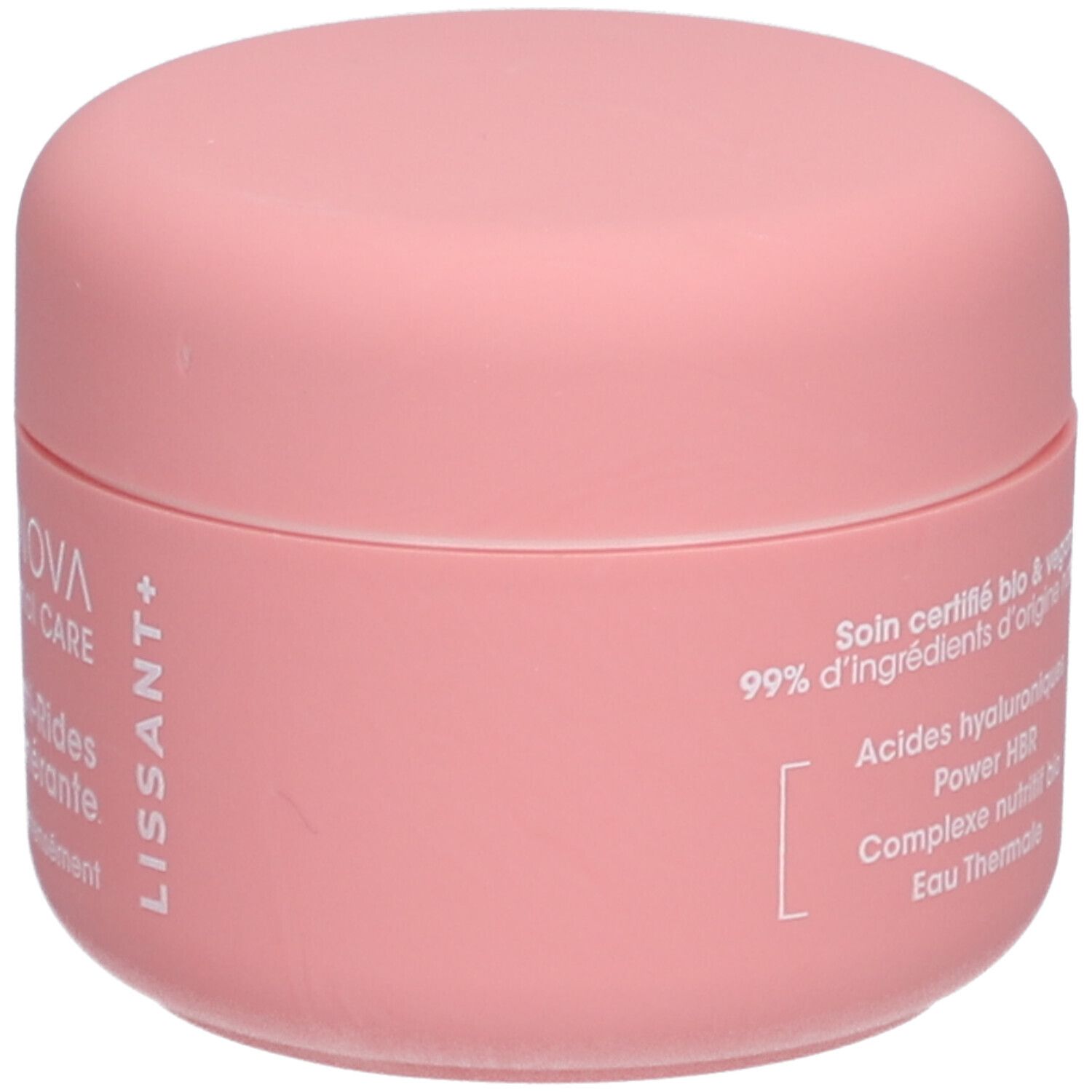 Rosa Tiegel. Aufschrift: ALPHANOVA Thermal CARE Crème Anti-Rides Régénérante. Text: 99% d'ingrédients d'origine naturelle. LISSANT+.