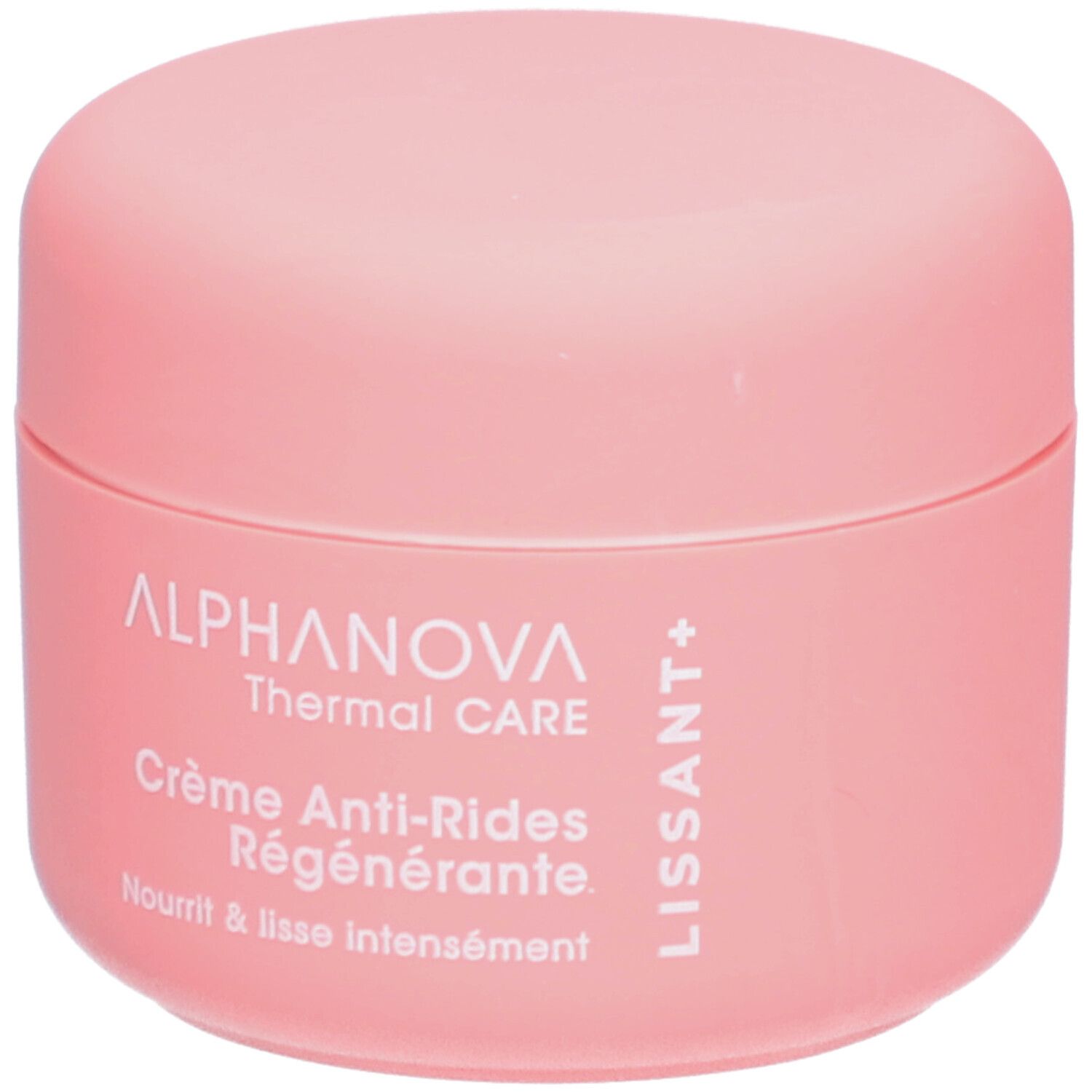 Rosa Tiegel mit Deckel. Aufschrift: ALPHANOVA Thermal CARE Crème Anti-Rides Régénérante. Text: Nourrit & lisse intensément. LISSANT+.
