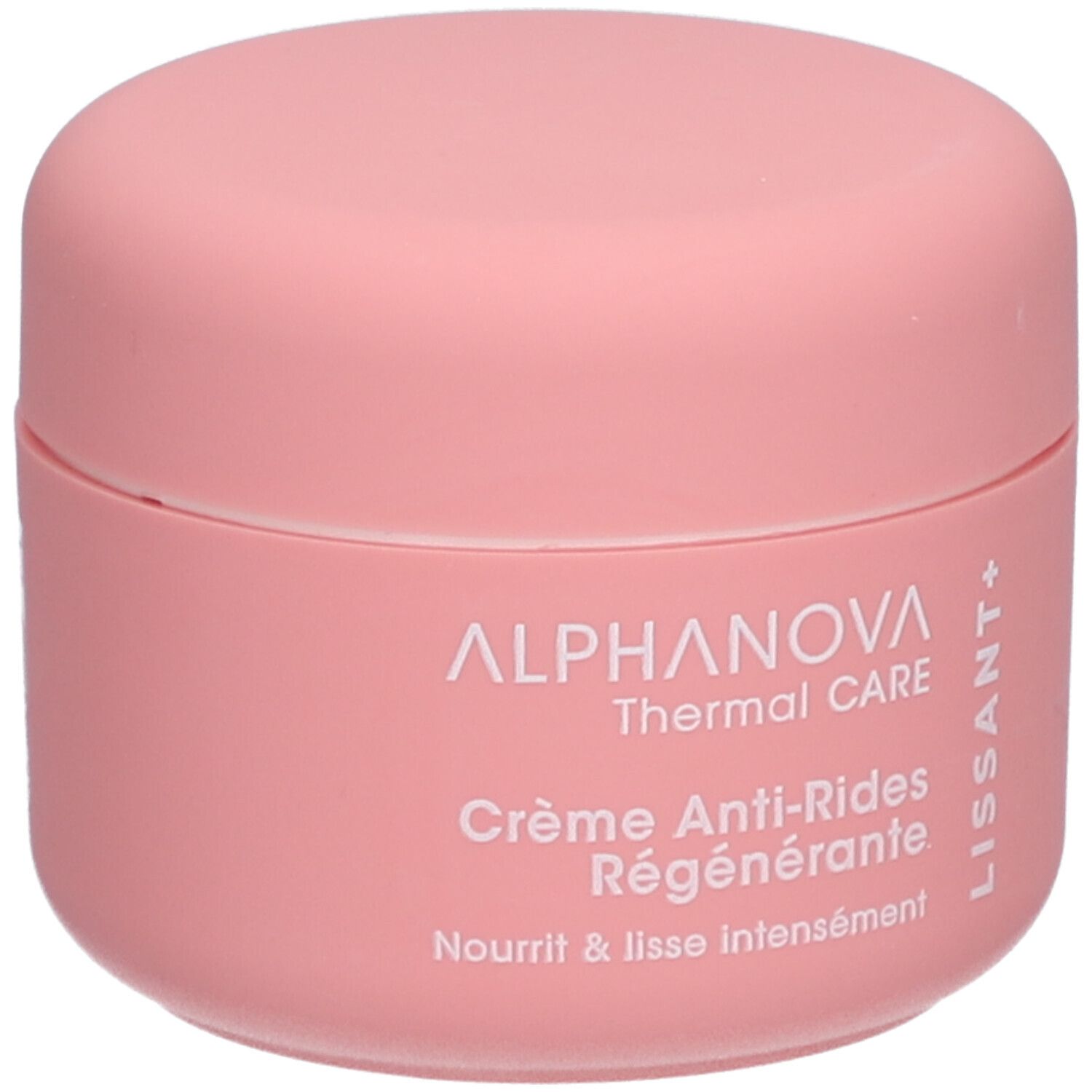 Rosa Tiegel mit Deckel. Aufschrift: ALPHANOVA Thermal CARE Crème Anti-Rides Régénérante. Text: Nourrit & lisse intensément. LISSANT+.