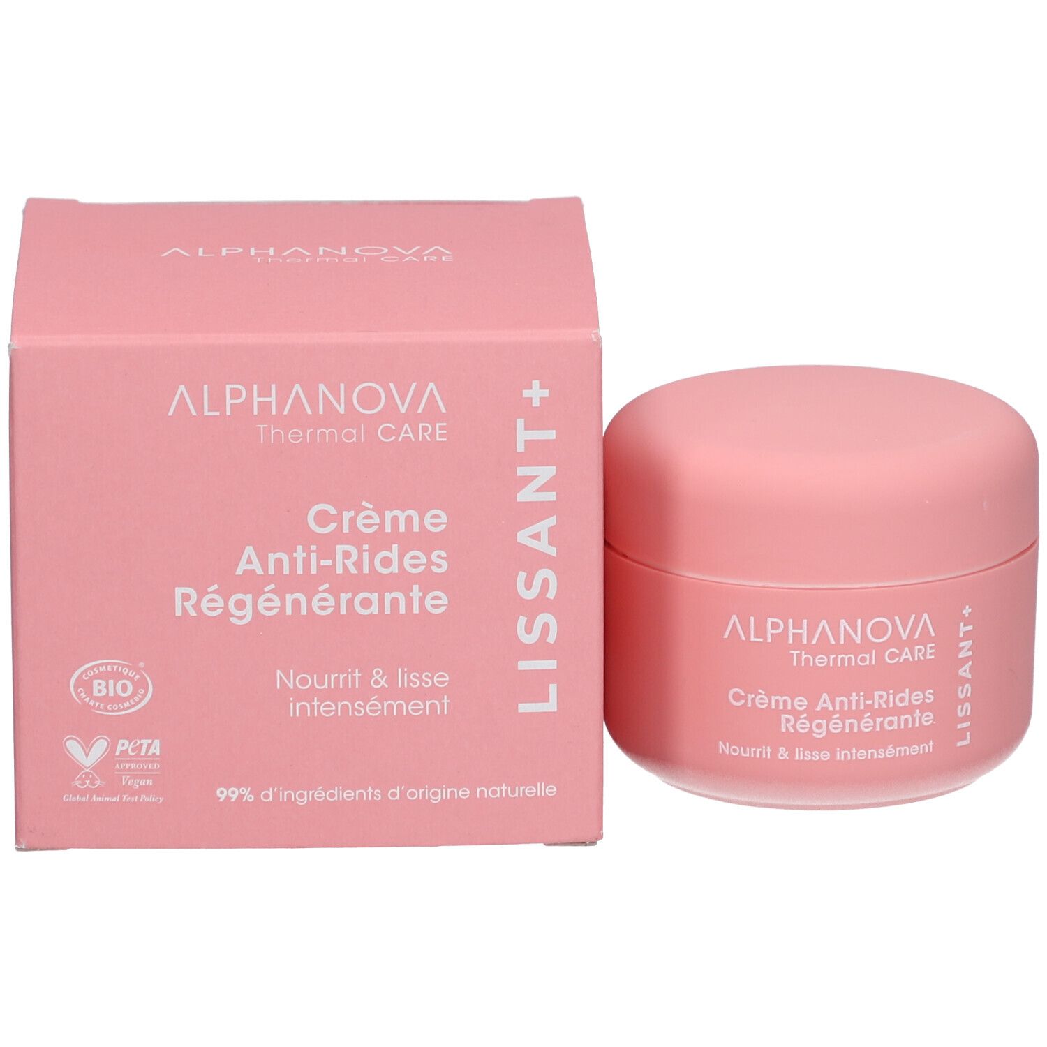 Rosa Schachtel und Tiegel. Aufschrift: ALPHANOVA Thermal CARE Crème Anti-Rides Régénérante. Text: Nourrit & lisse intensément. Bio.