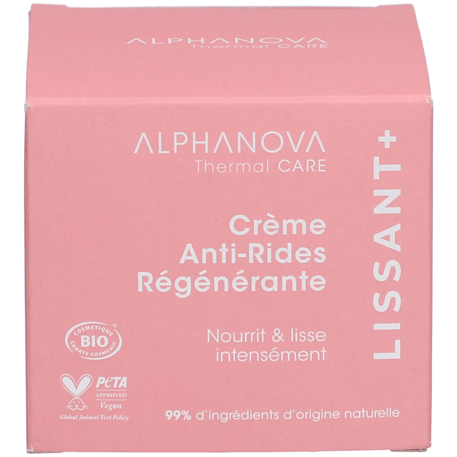 Rosa Schachtel. Aufschrift: ALPHANOVA Thermal CARE Crème Anti-Rides Régénérante. Text: Nourrit & lisse intensément. Bio, Vegan.