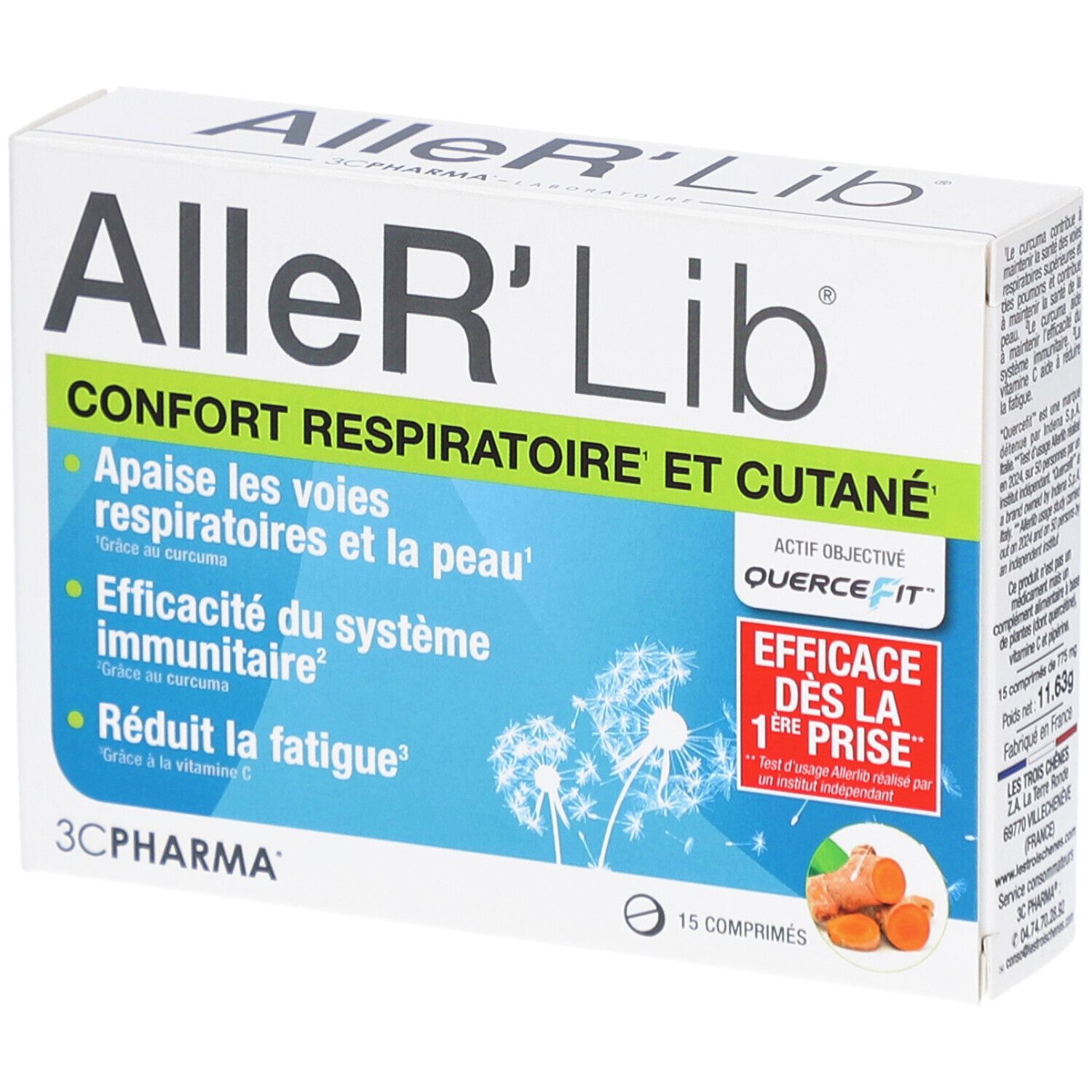 Boîte Aller'Lib, 15 comprimés. Texte: Confort Respiratoire et Cutané. Logo 3C Pharma. Illustration de curcuma.