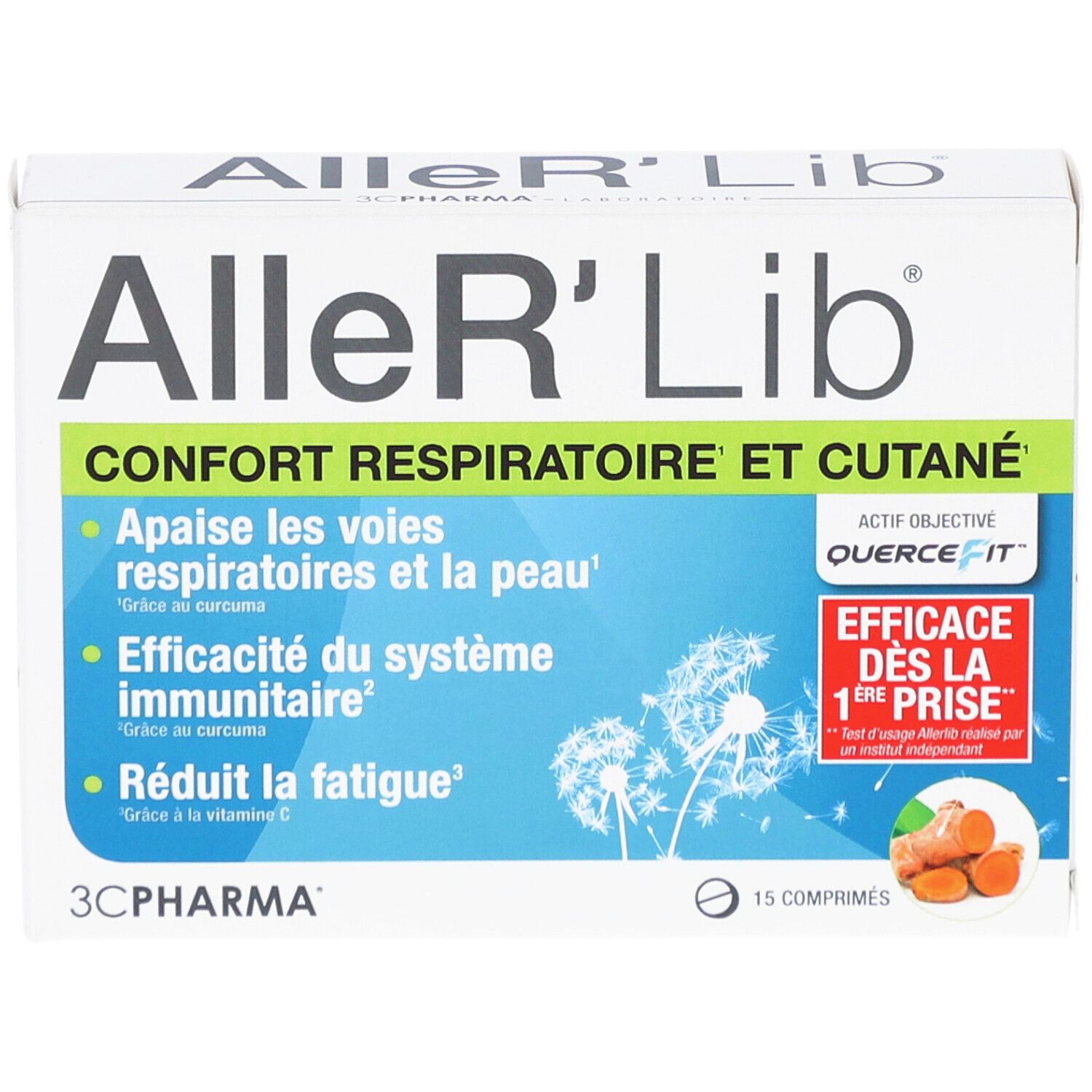 Boîte Aller'Lib, 15 comprimés. Texte: Confort Respiratoire et Cutané. Logo 3C Pharma. Illustration de curcuma.