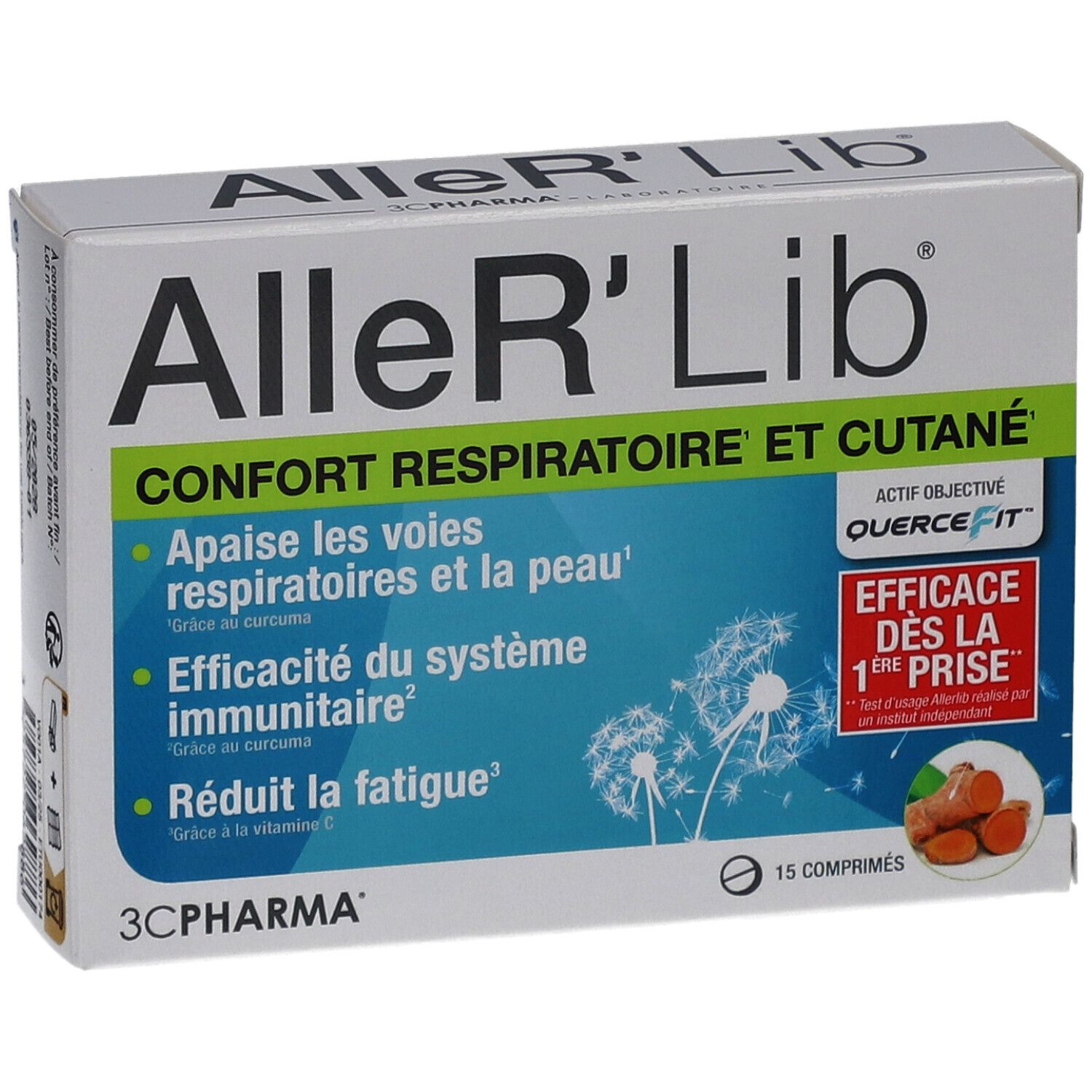Boîte Aller'Lib, 15 comprimés. Texte: Confort Respiratoire et Cutané. Logo 3C Pharma. Illustration de curcuma.