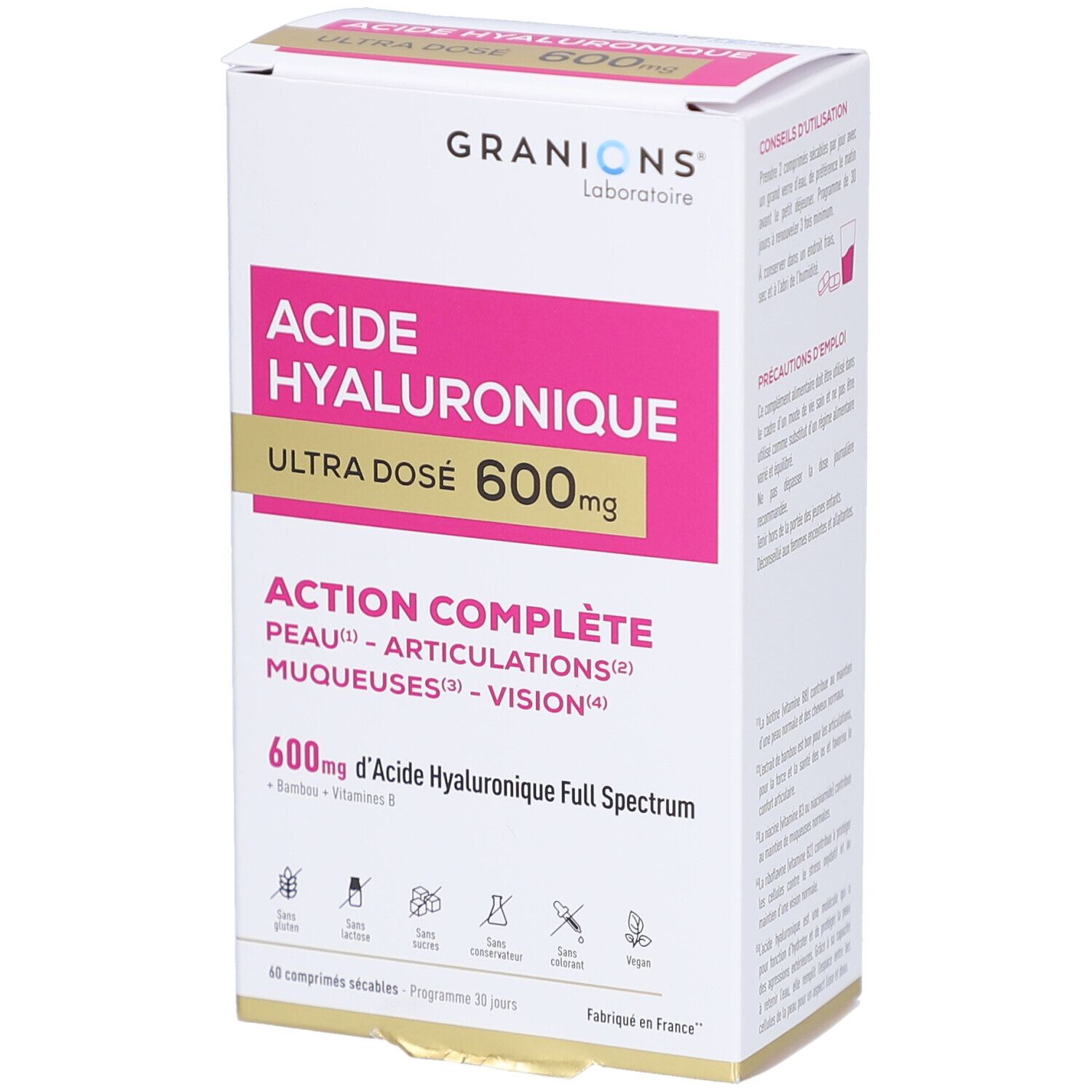 Weißer Karton mit rosa Akzenten. Aufschrift: GRANIONS, ACIDE HYALURONIQUE, ULTRA DOSE 600mg. Vollständige Wirkung: Haut, Gelenke, Schleimhäute, Sehvermögen.