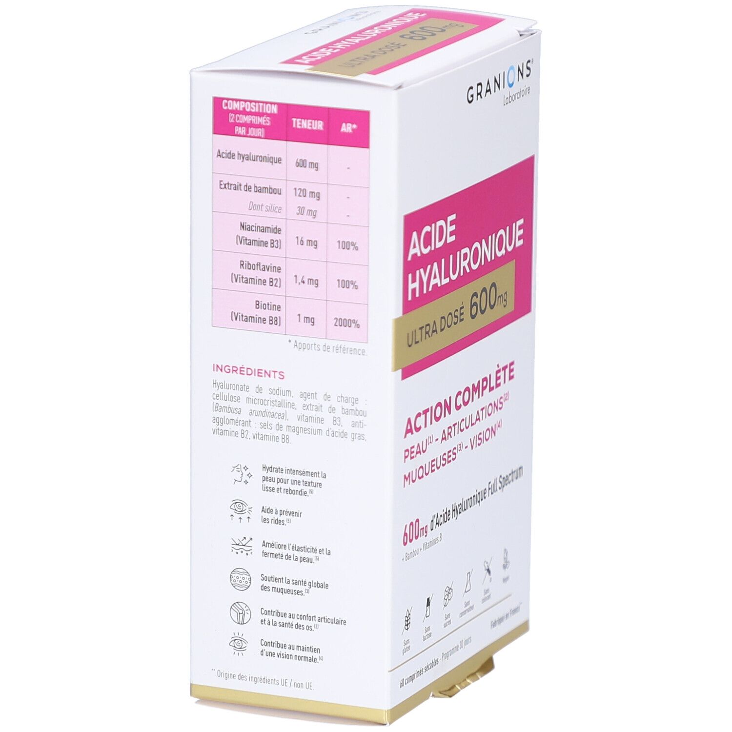 Seitenansicht der Verpackung. Enthält Informationen zu Inhaltsstoffen: Hyaluronsäure, Bambusextrakt, Niacinamid, Riboflavin, Biotin. Text in Französisch.