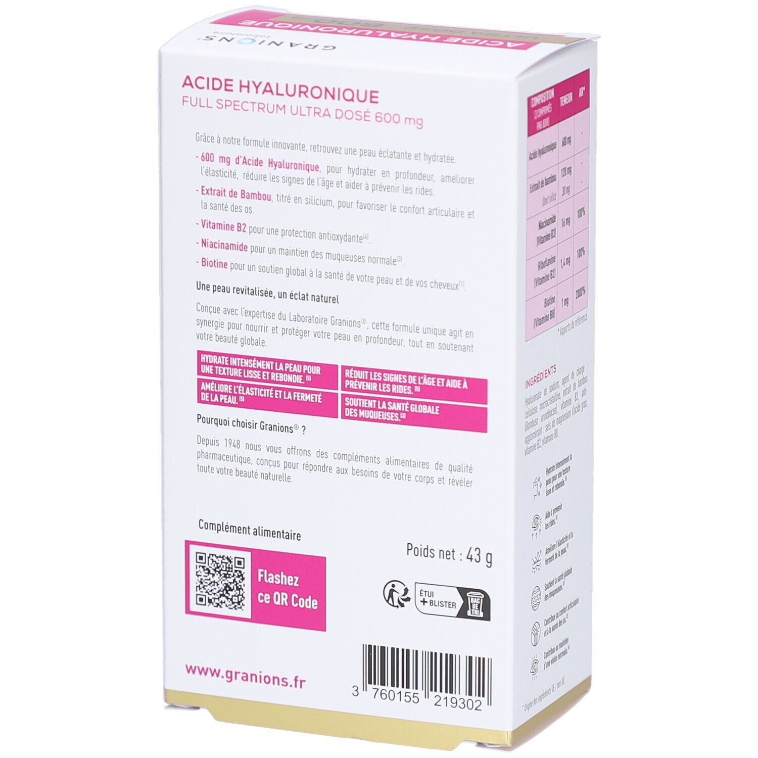 Rückseite der Verpackung. Enthält Informationen über die Vorteile und die Zusammensetzung des Produkts. QR-Code und Website-Adresse.