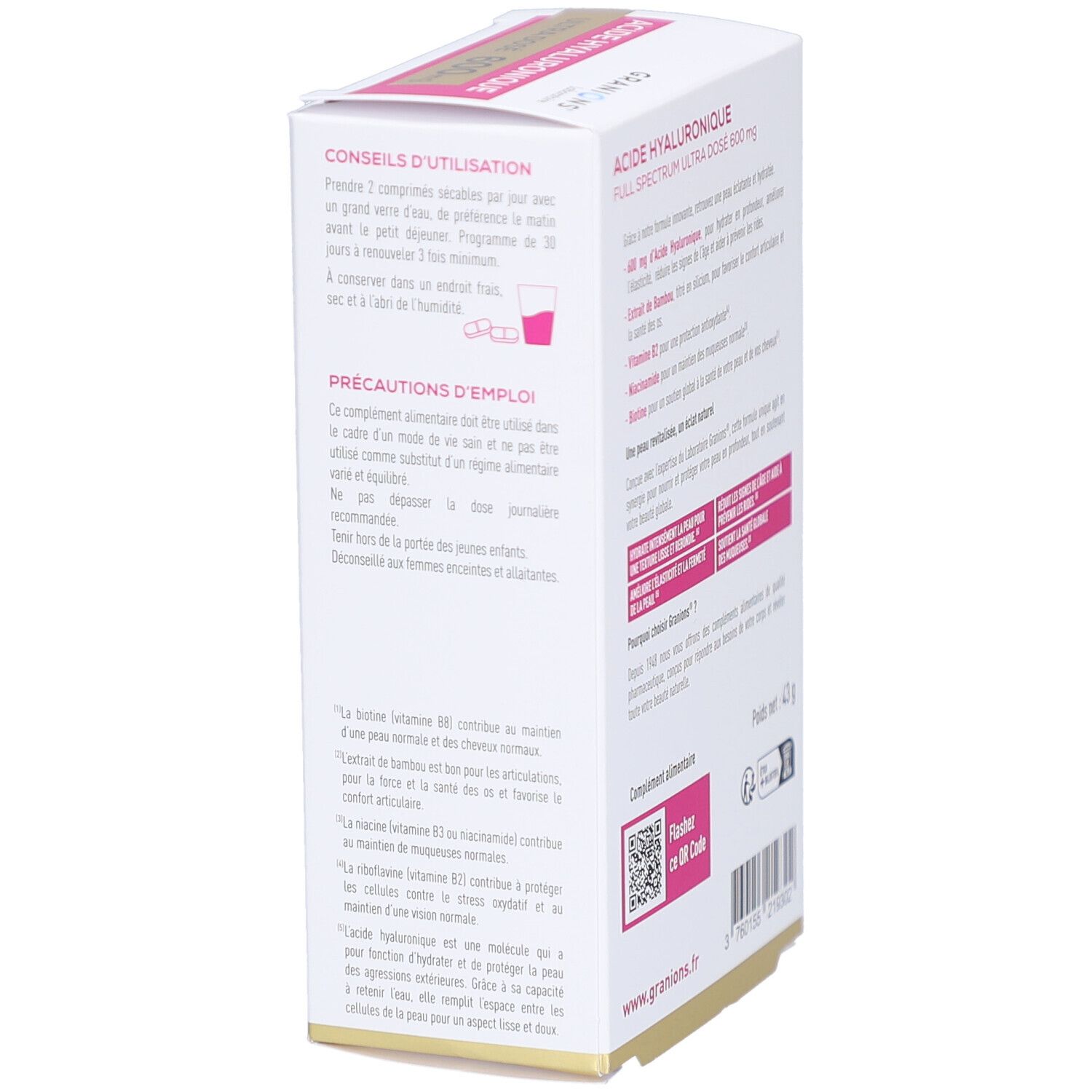 Seitenansicht der Verpackung. Enthält Informationen zur Anwendung und Vorsichtsmaßnahmen. QR-Code und Website-Adresse.