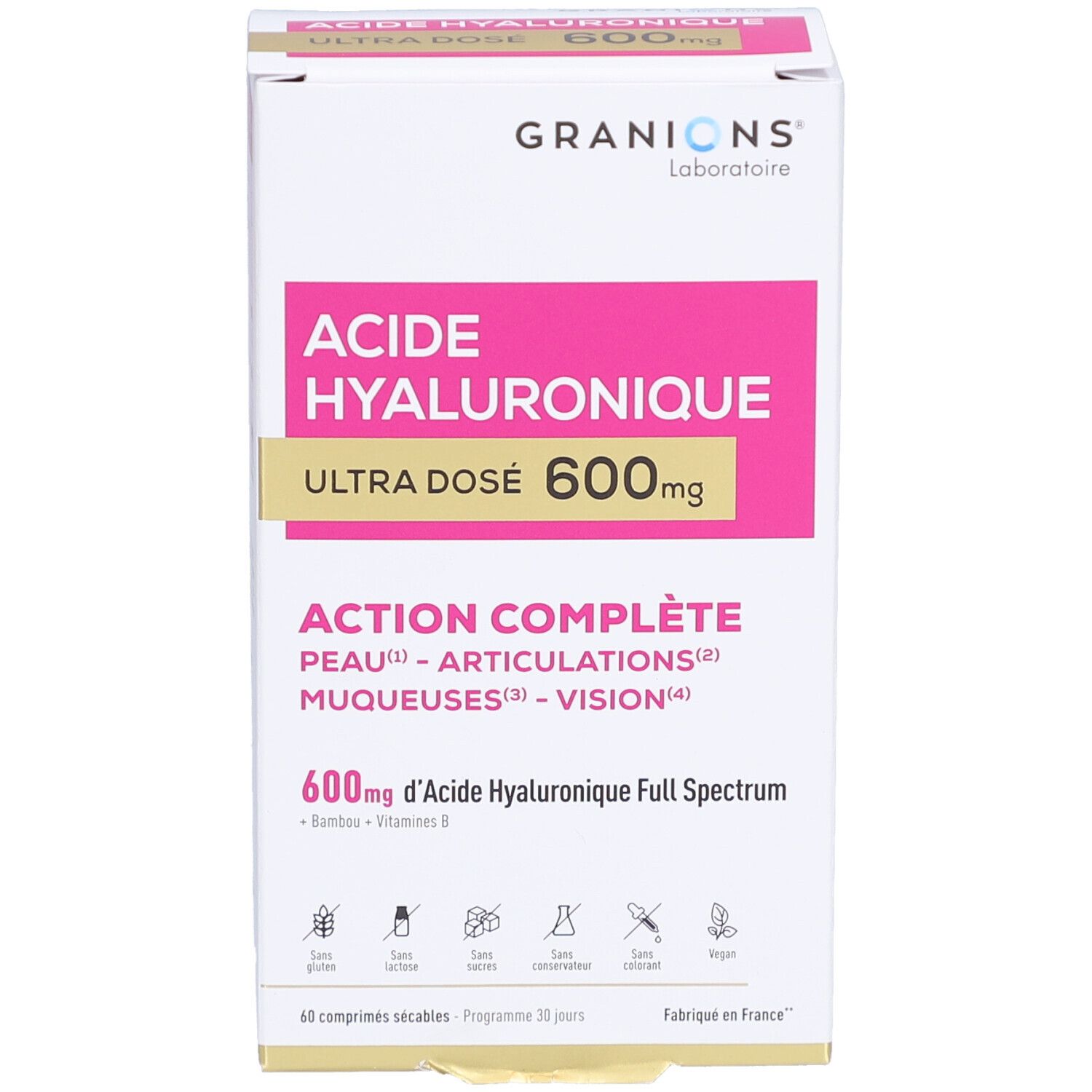 Vorderansicht der Verpackung. GRANIONS, ACIDE HYALURONIQUE, ULTRA DOSE 600mg. Vollständige Wirkung: Haut, Gelenke, Schleimhäute, Sehvermögen. 60 Tabletten.