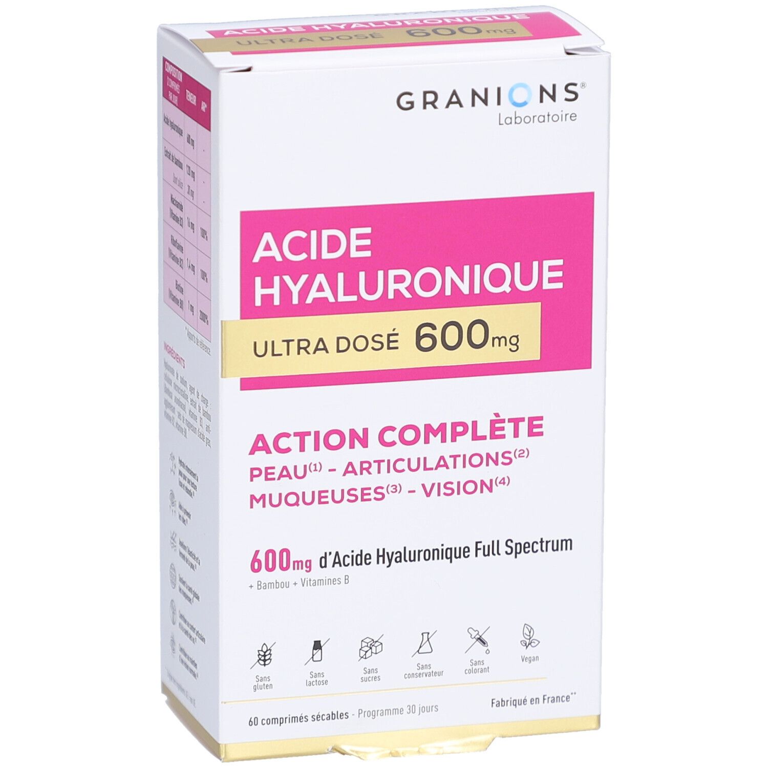 Vorderansicht der Verpackung. GRANIONS, ACIDE HYALURONIQUE, ULTRA DOSE 600mg. Vollständige Wirkung: Haut, Gelenke, Schleimhäute, Sehvermögen. 60 Tabletten.