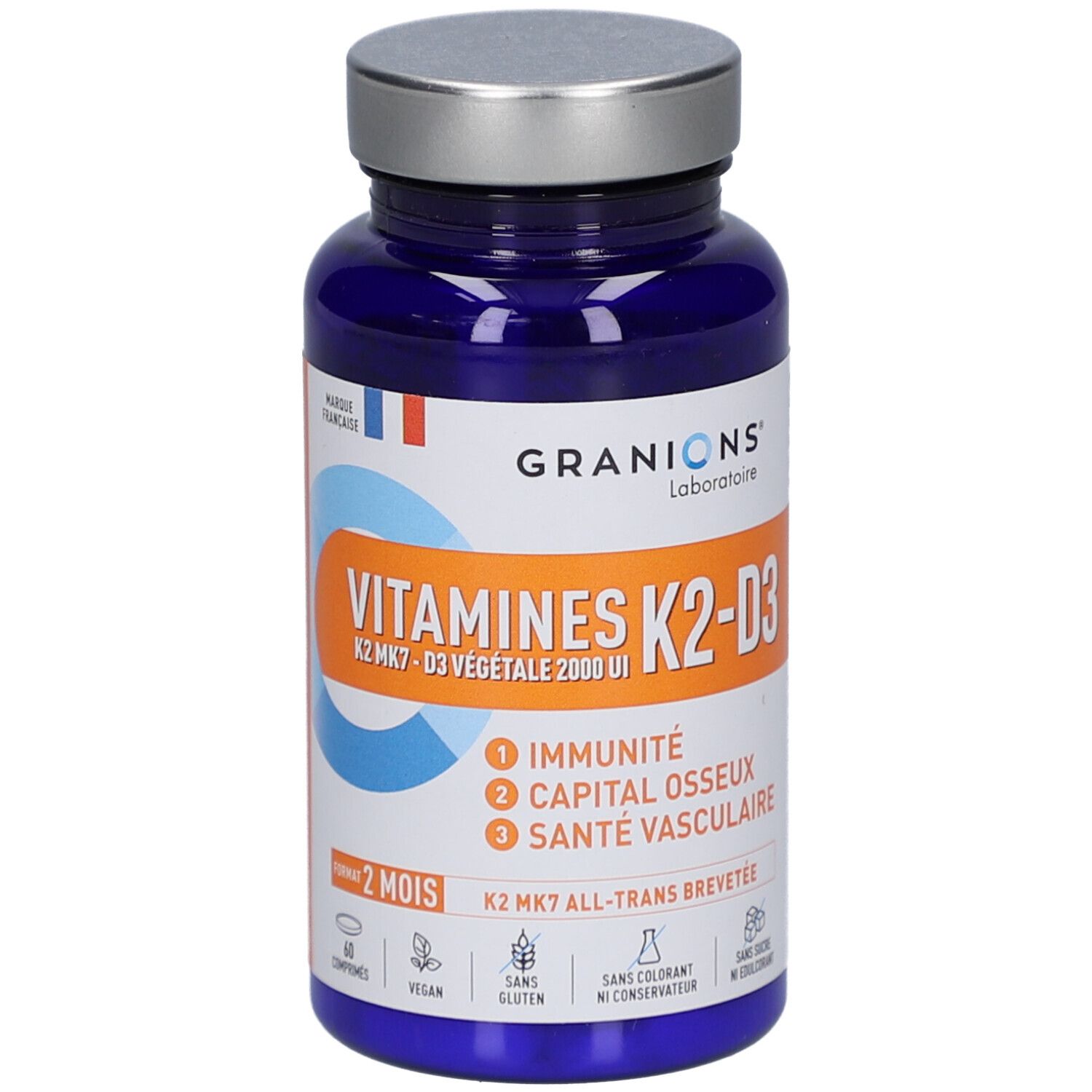 Blaue Flasche mit K2-D3-Vitaminen. Aufschrift: GRANIONS, Vitamines K2-D3, 60 Tabletten. Vegan, glutenfrei.