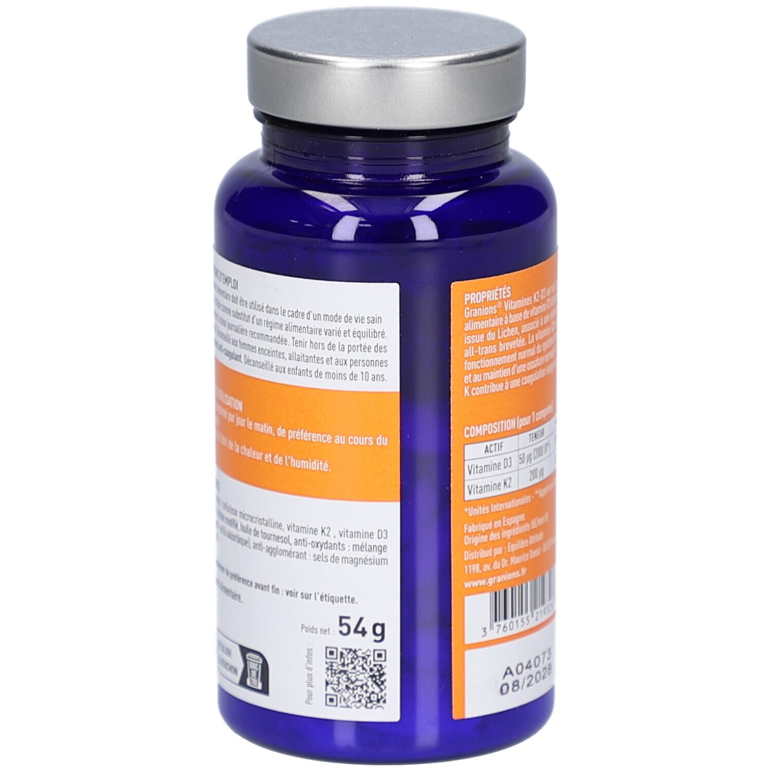 Rückansicht der blauen Flasche. Enthält Informationen zur Anwendung und Warnhinweise. Nettogewicht 54g.