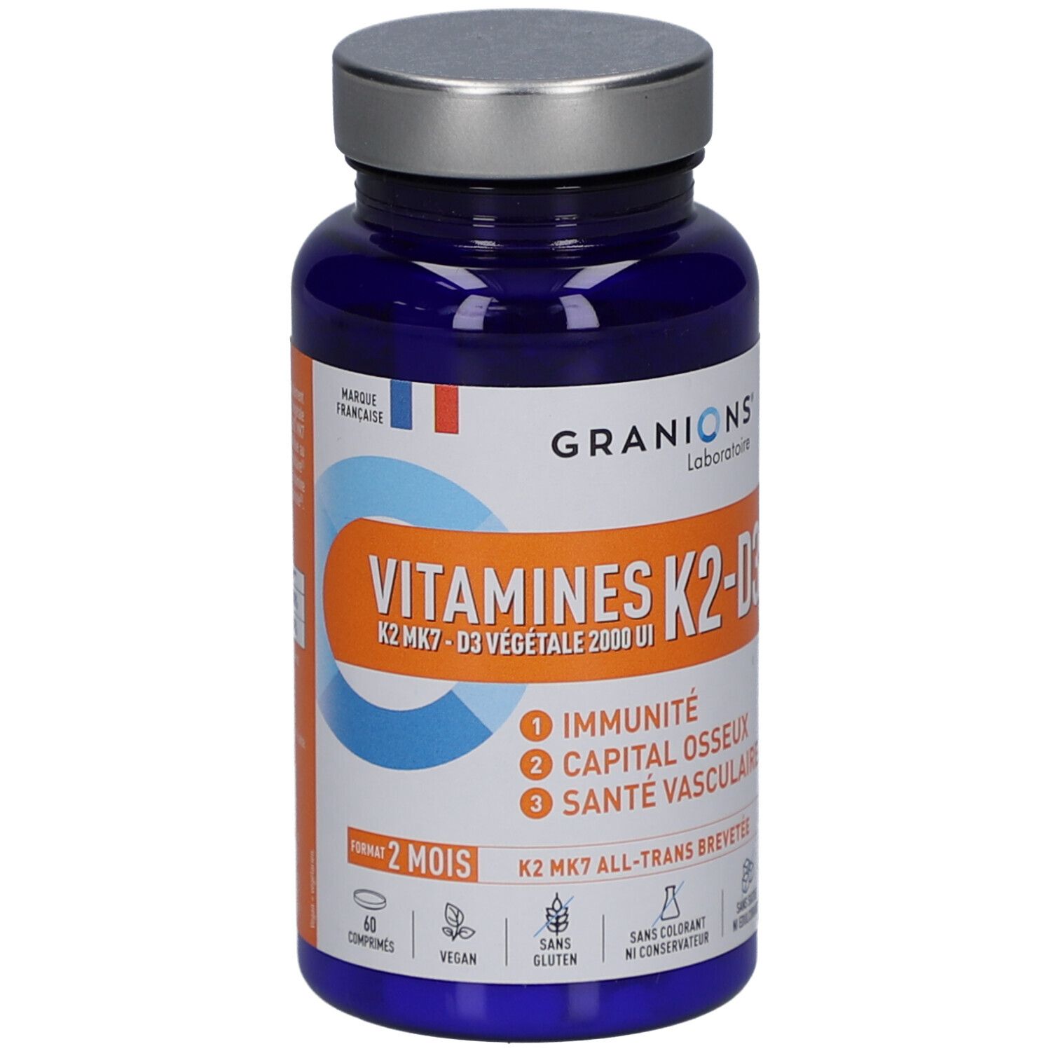 Blaue Flasche mit K2-D3-Vitaminen. Aufschrift: GRANIONS, Vitamines K2-D3, 60 Tabletten. Vegan, glutenfrei.
