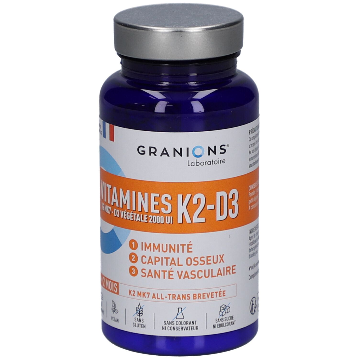 Blaue Flasche mit K2-D3-Vitaminen. Aufschrift: GRANIONS, Vitamines K2-D3, 60 Tabletten. Vegan, glutenfrei.
