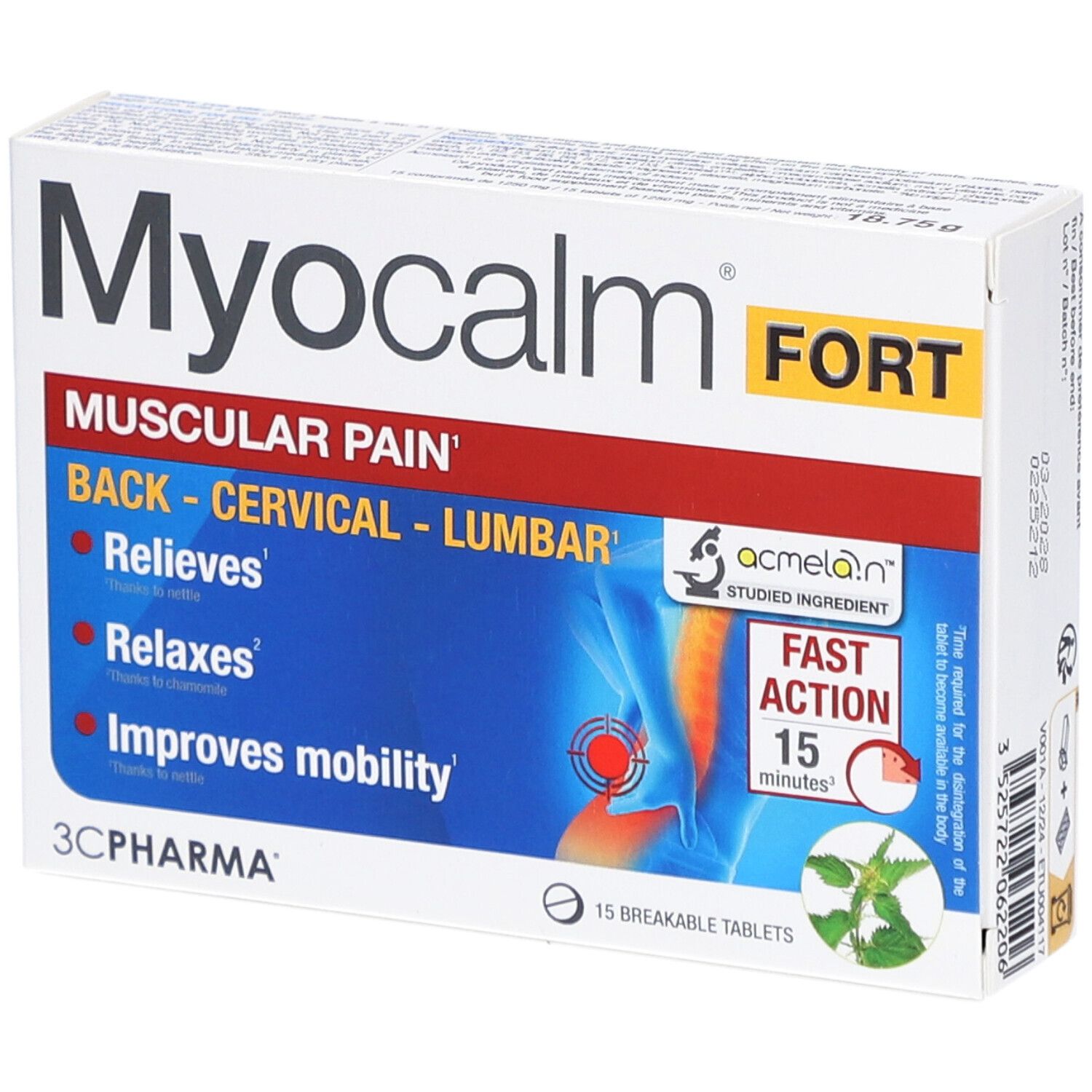 Schachtel mit 'Myocalm FORT'. Beschriftung: 'Muskelschmerzen', 'Rücken - Halswirbelsäule - Lendenwirbel'. 15 Tabletten.