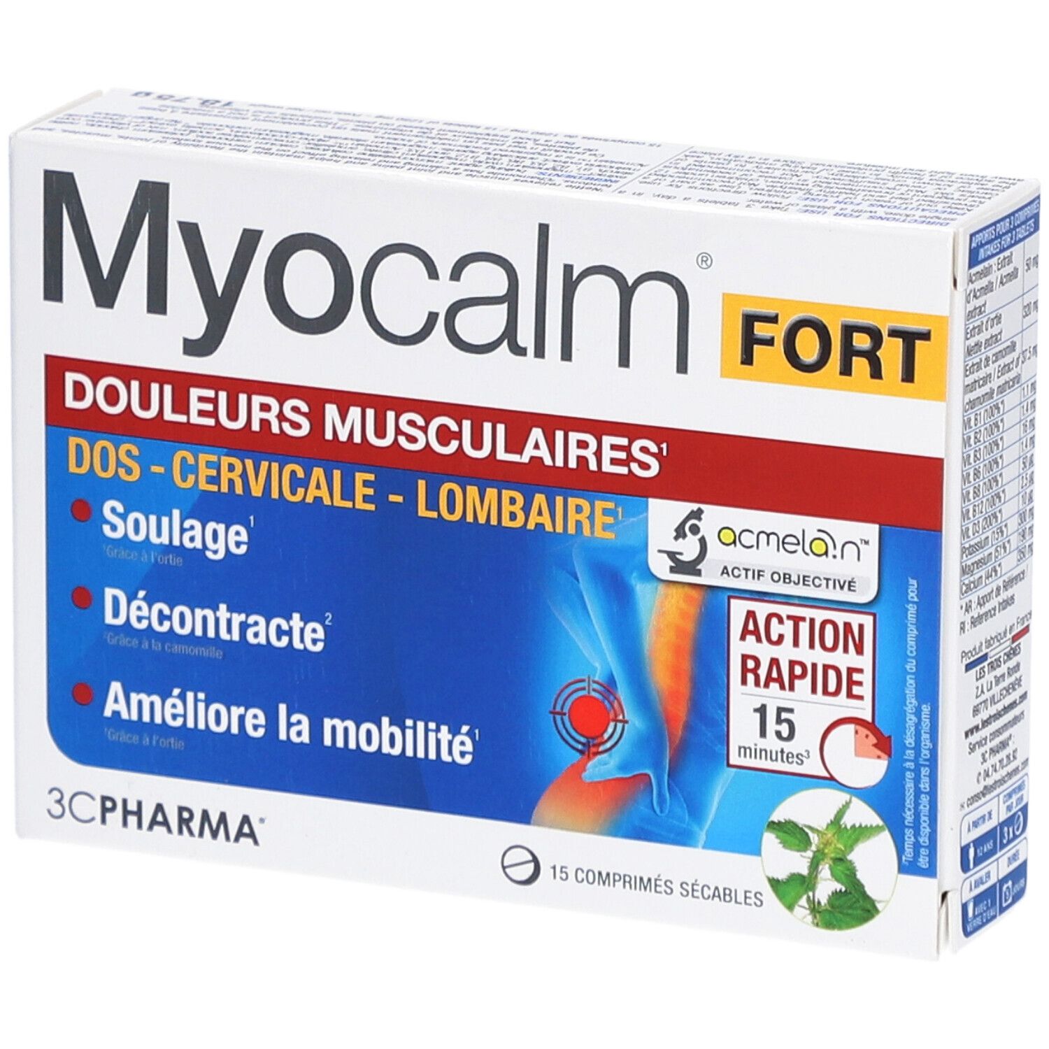 Schachtel 'Myocalm FORT'. Aufschrift: 'Muskelschmerzen', 'Rücken - Halswirbelsäule - Lendenwirbel'. Schnelle Wirkung in 15 Minuten.