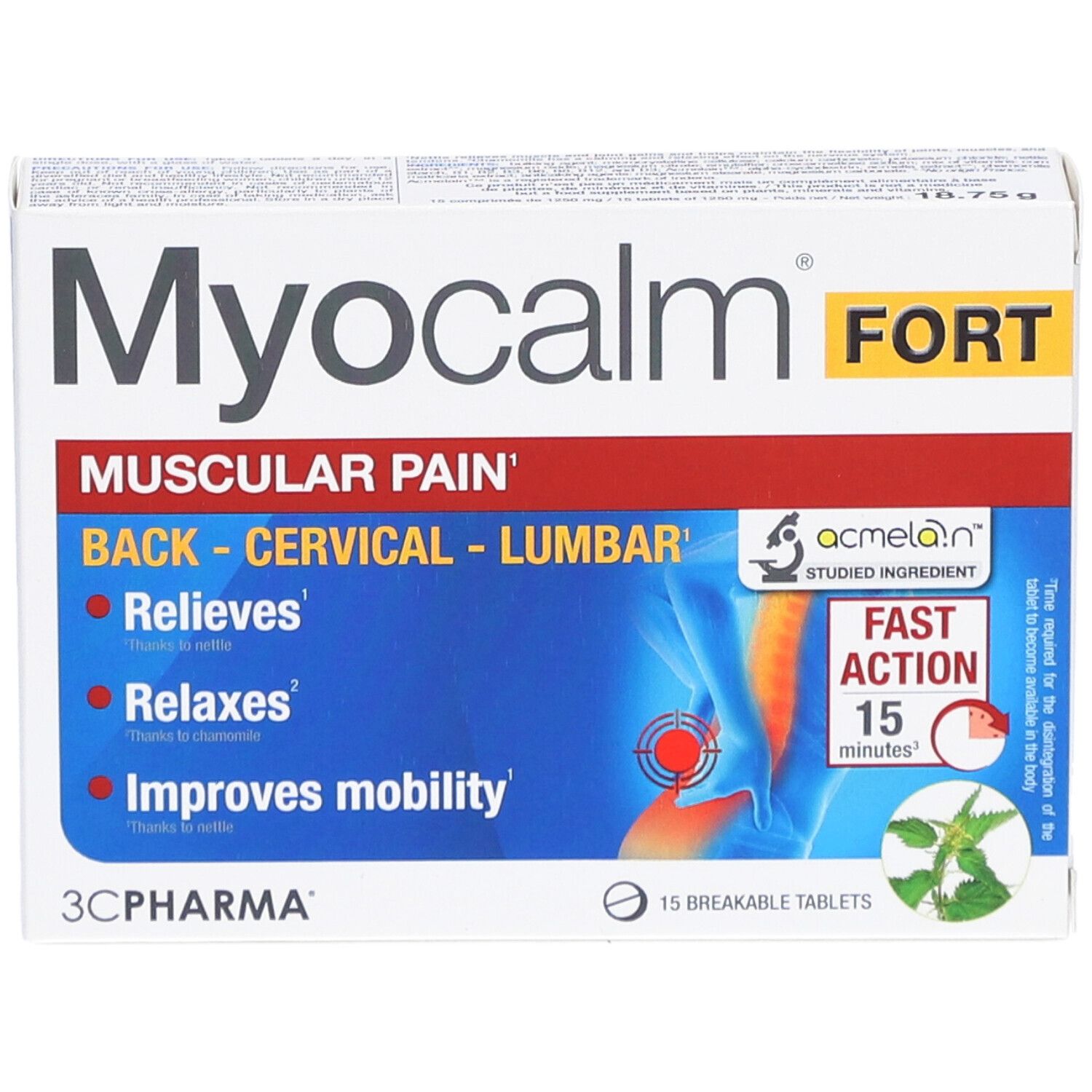 Schachtel 'Myocalm FORT'. Beschriftung: 'Muskelschmerzen', 'Rücken - Halswirbelsäule - Lendenwirbel'. 15 Tabletten.