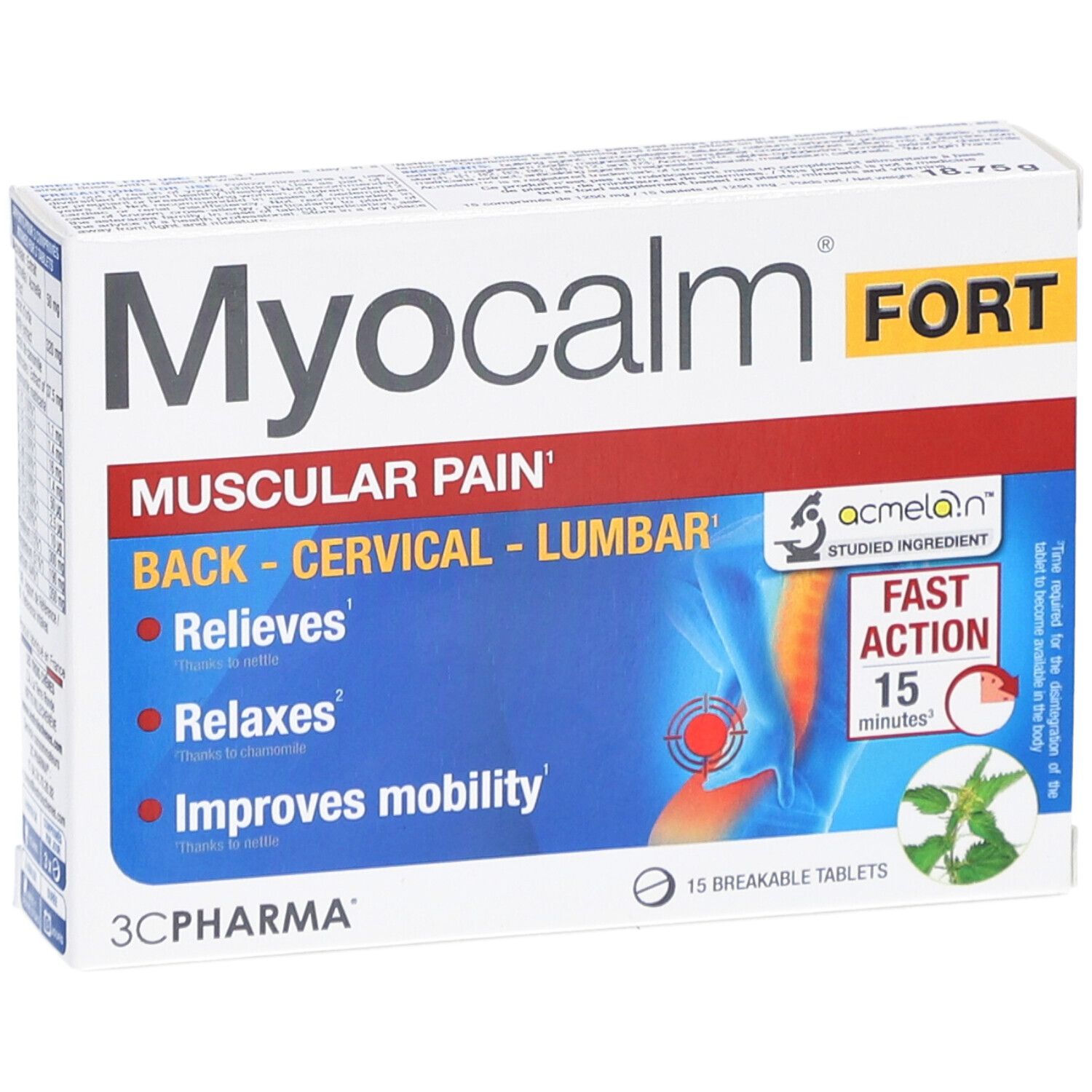 Schachtel 'Myocalm FORT'. Beschriftung: 'Muskelschmerzen', 'Rücken - Halswirbelsäule - Lendenwirbel'. 15 Tabletten.