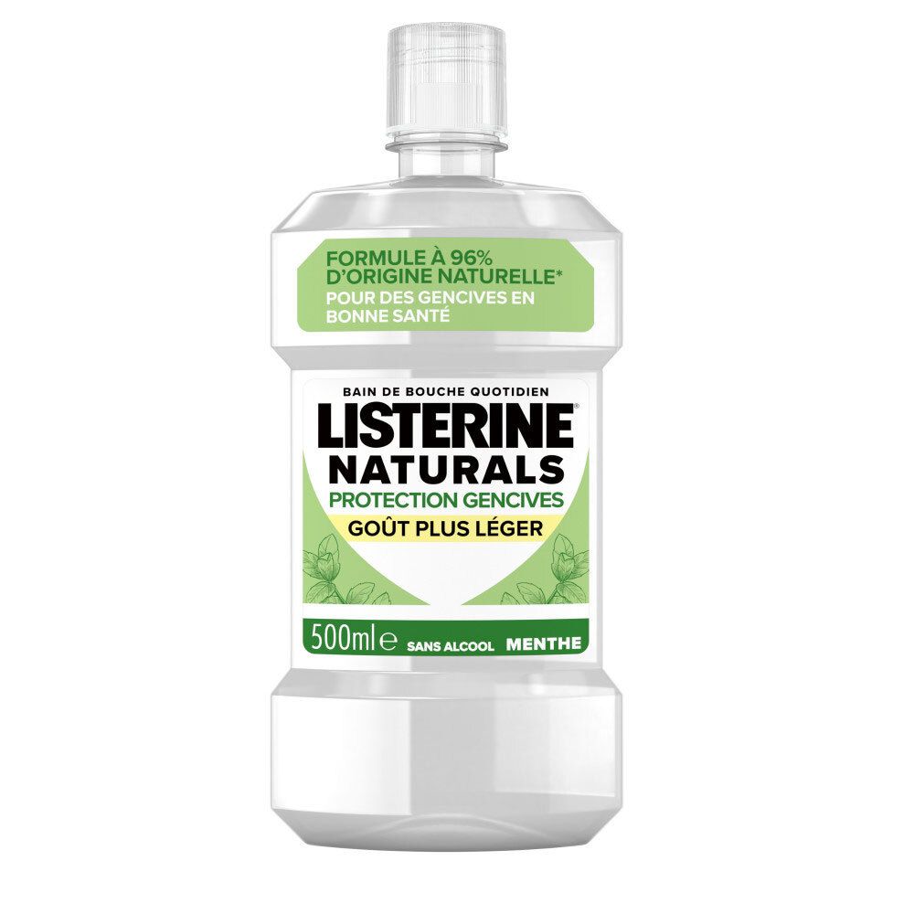 Bain de bouche Listerine Naturals Protection Gencives, 500ml, liquide clair dans une bouteille transparente avec étiquette verte.